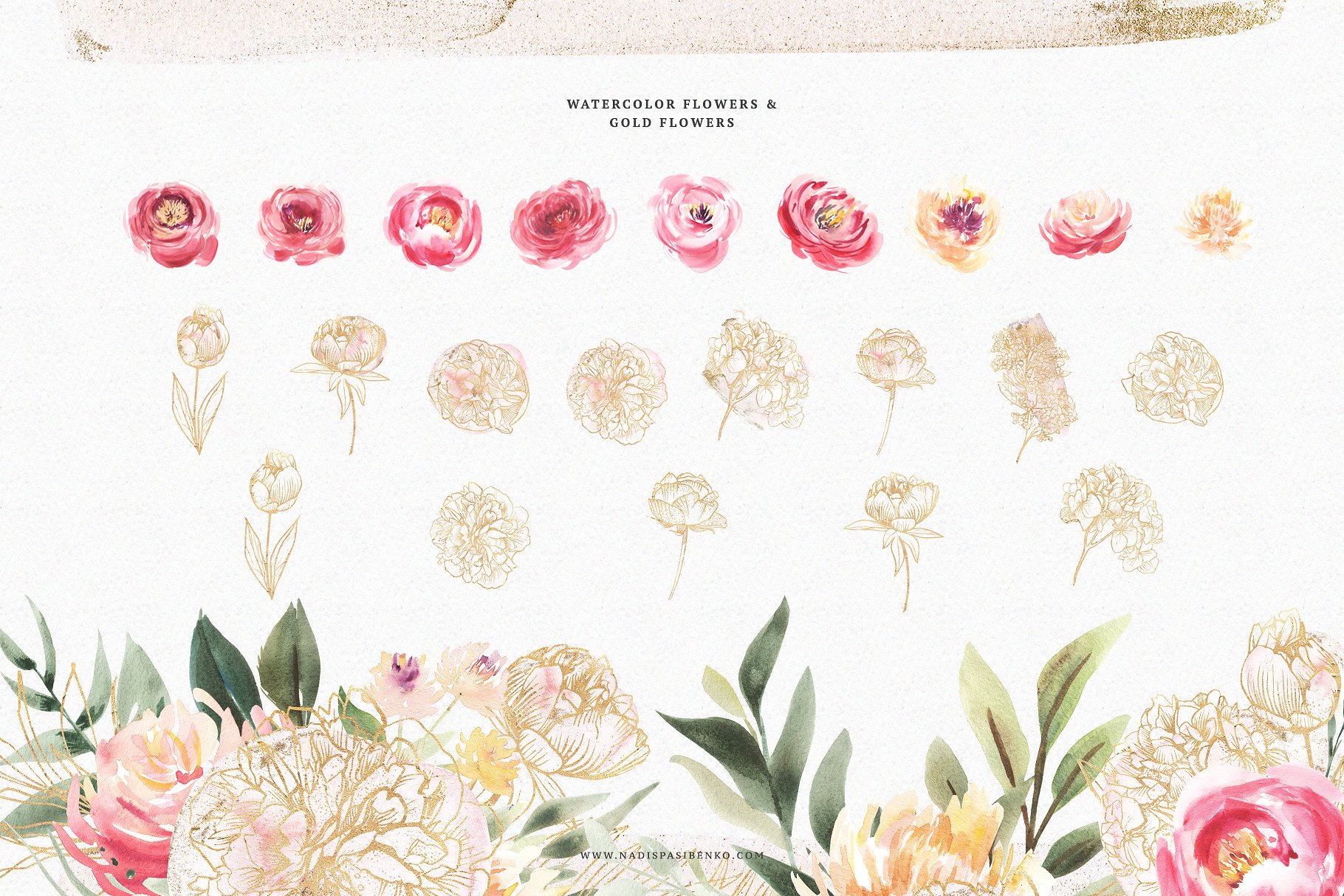 柔和丰富多彩的手绘植物图案集合 Watercolor Peony & Gold_img_2