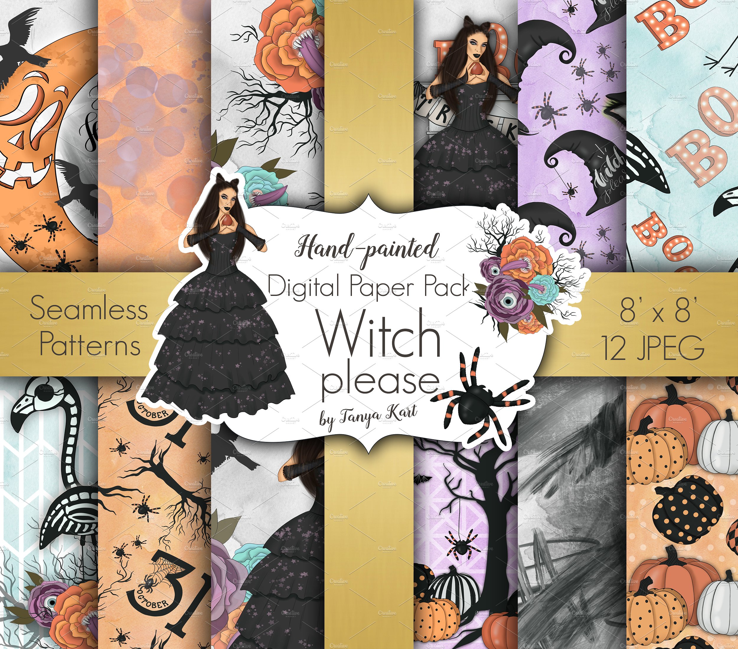 女巫手绘设计插图和无缝模式图案工具包 Witch Please Halloween Design Kit_img_2