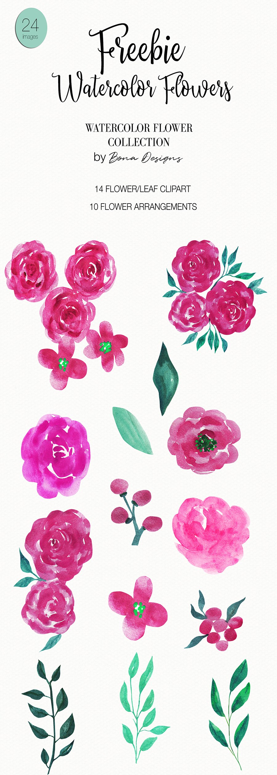 14款高分辨率手绘粉红玫瑰剪贴画套装 14 Pink Roses Cliparts_img_2