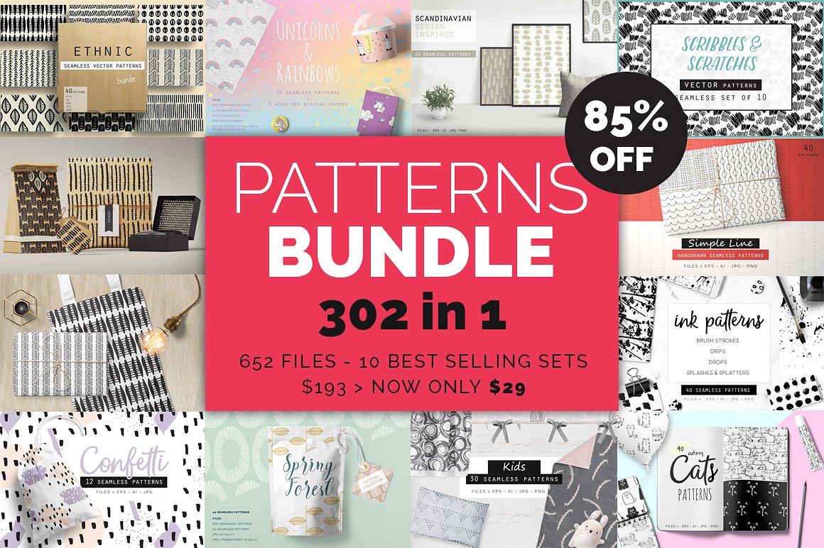 10套抽象艺术几何学图案手绘矢量图形设计素材合集 10 Handdrawn Patterns Bundle_img_2