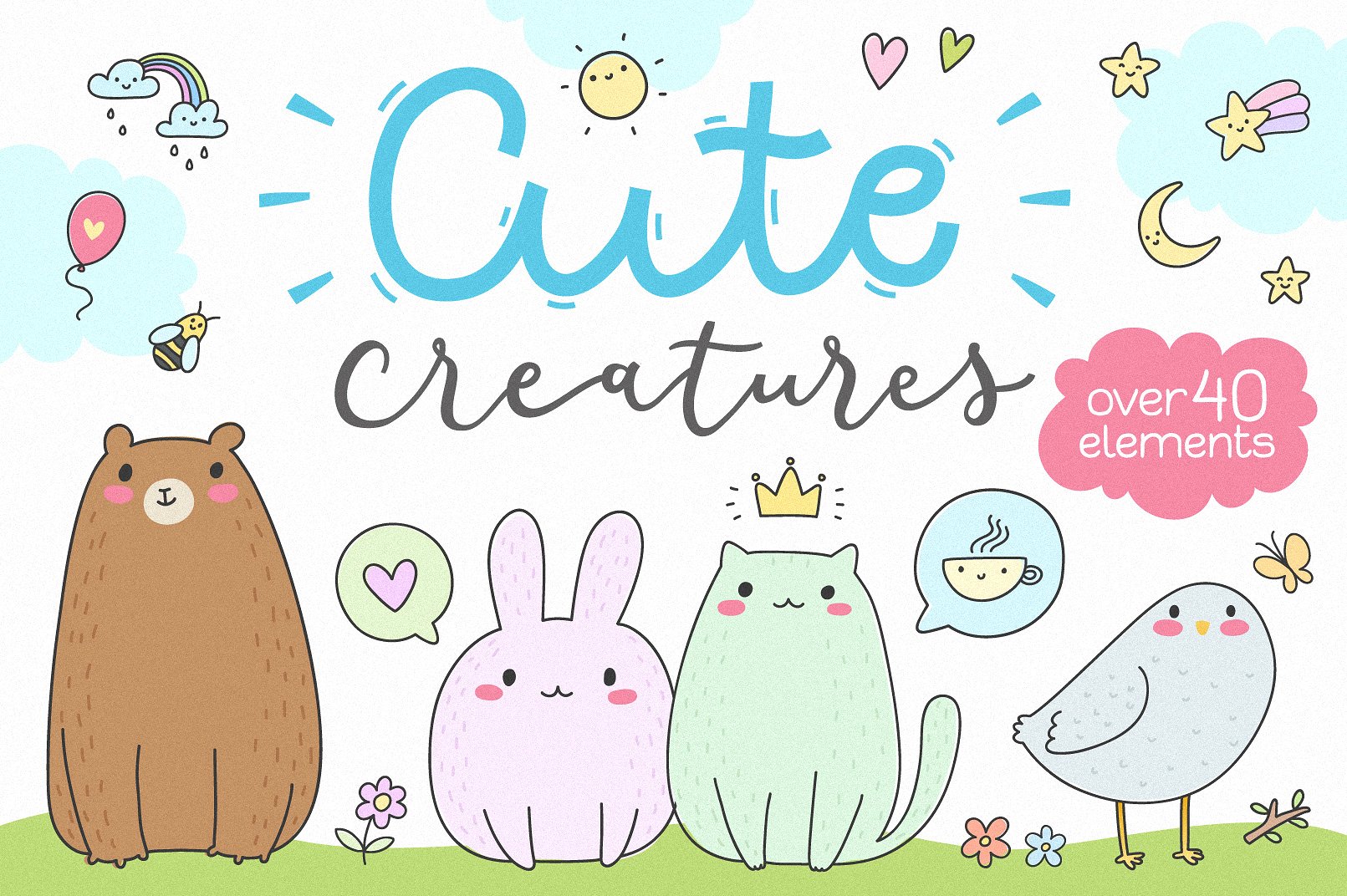 可爱手绘矢量卡通图案集合 Cute Creatures Vector Set_img_2