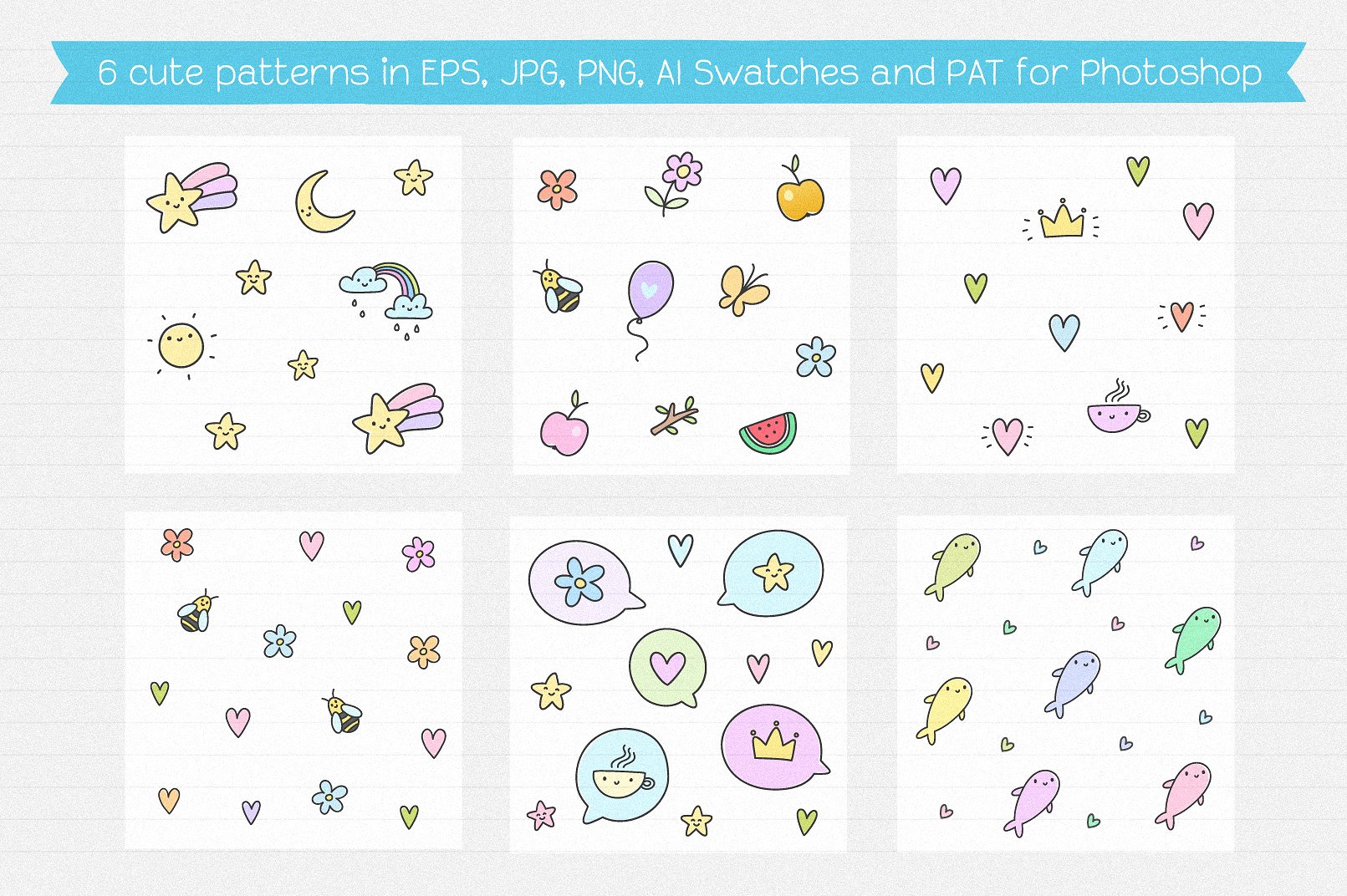 可爱手绘矢量卡通图案集合 Cute Creatures Vector Set_img_2