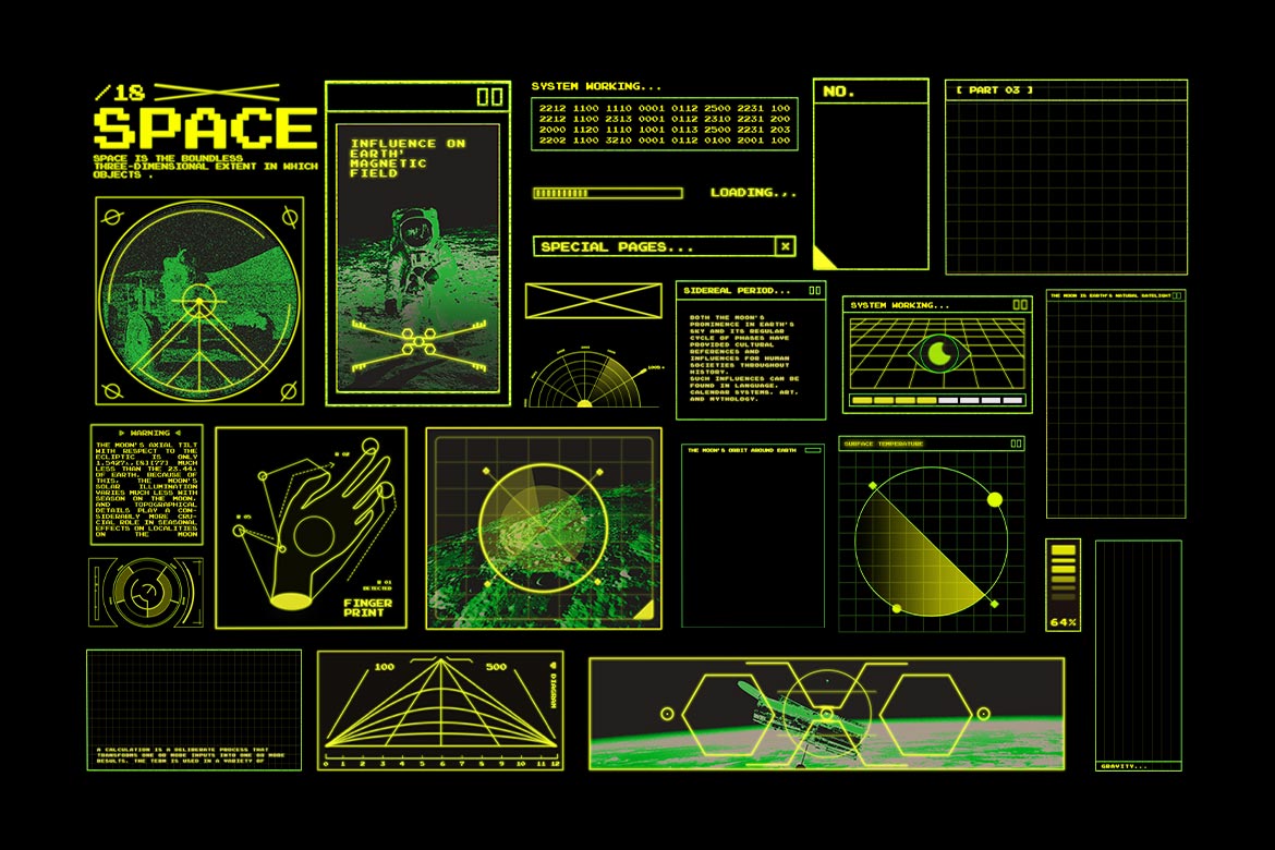 54款未来科幻复古赛博朋克HUD元素界面UI数字信息图形PS设计素材 Retro Spaceship HUD插图1