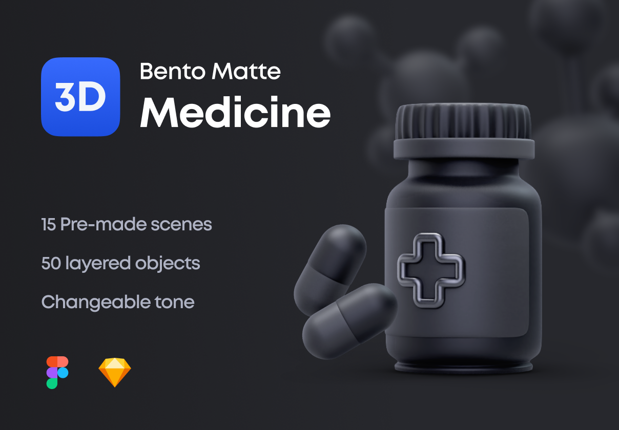 超酷暗黑金属健康医学主题3D图标设计素材 Bento Matte 3D Medicine插图