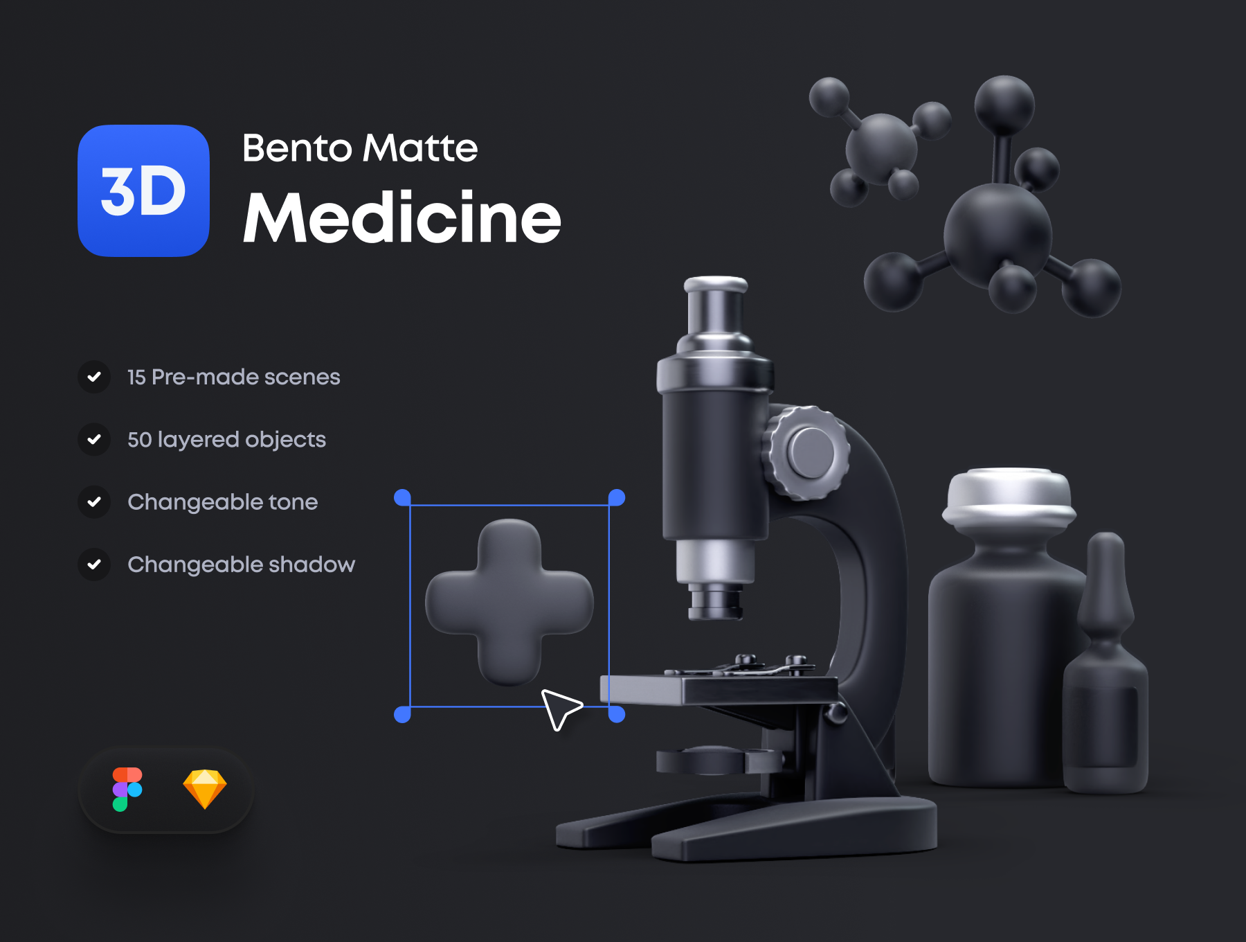 超酷暗黑金属健康医学主题3D图标设计素材 Bento Matte 3D Medicine插图1