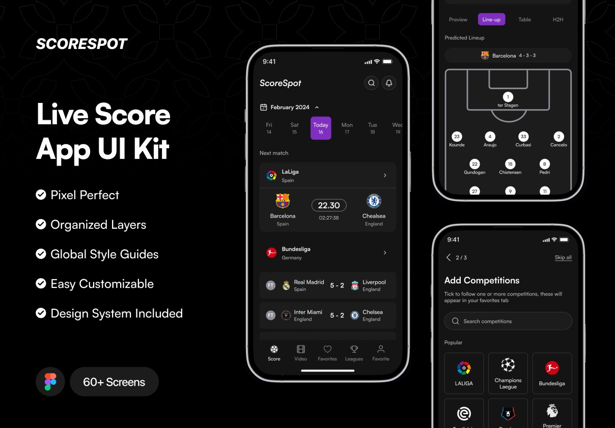 60+屏暗黑风格体育运动赛事篮球足球比分直播APP应用程序UI界面设计Figma模板套件 SCORESPOT – Live Score UI Kit插图