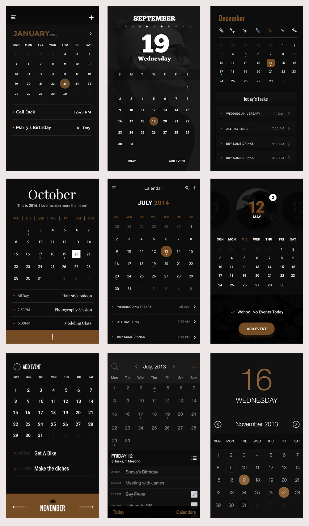 酷黑日历应用界面模板 Gold & Coal UI Kit – Calendars_img_3