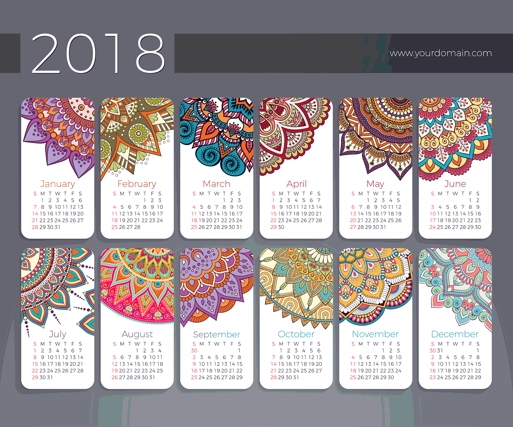 2018复古主题日历 Calendar 2018. Vintage decorative elements_img_3