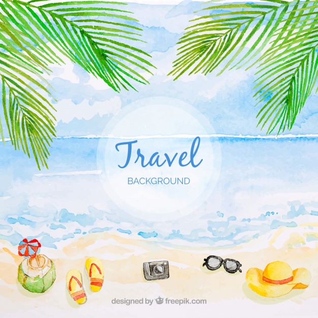 海边度假背景 Travel background with beach in watercolor_img_3