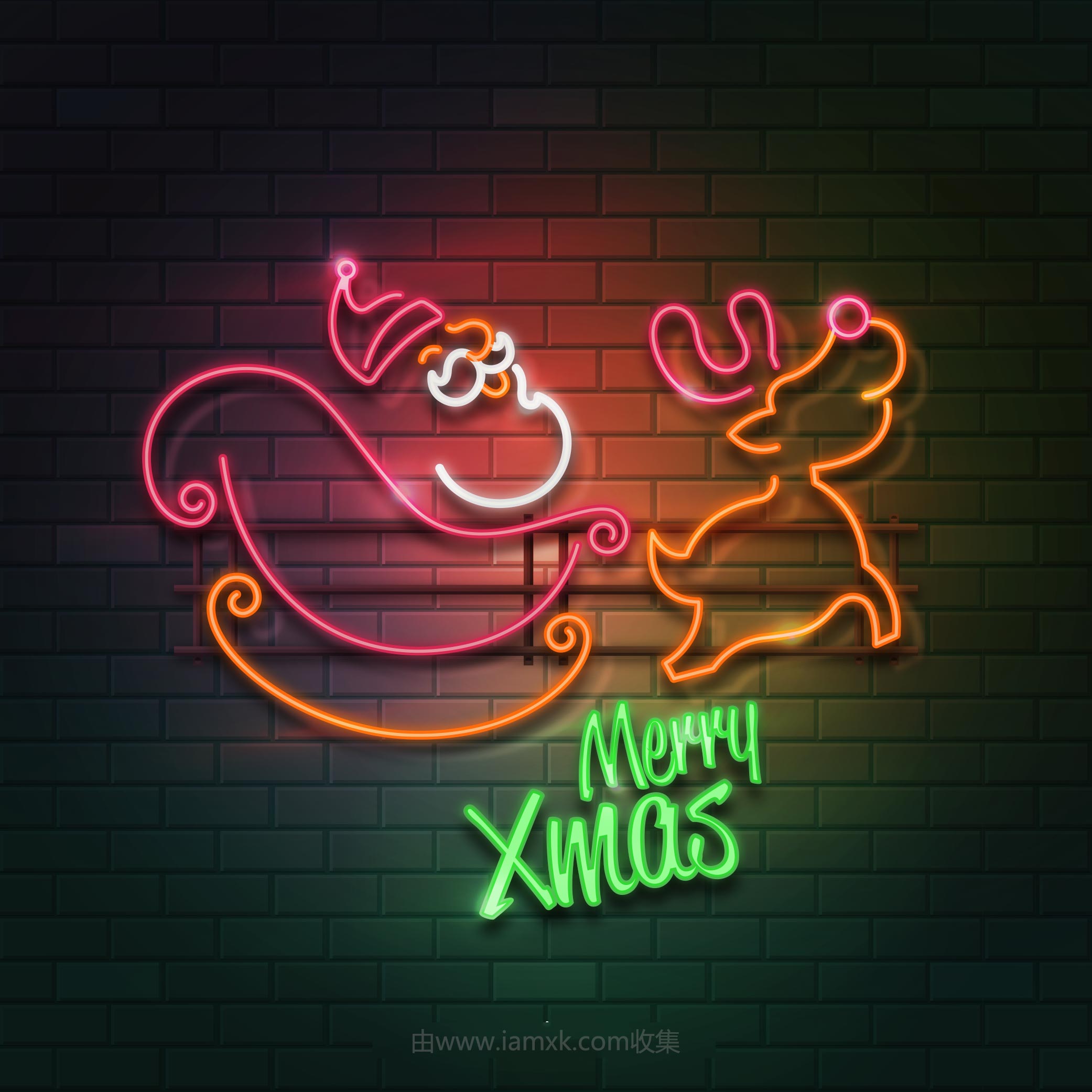 圣诞霓虹灯 Realistic style background with Christmas lights on brick wall_img_3