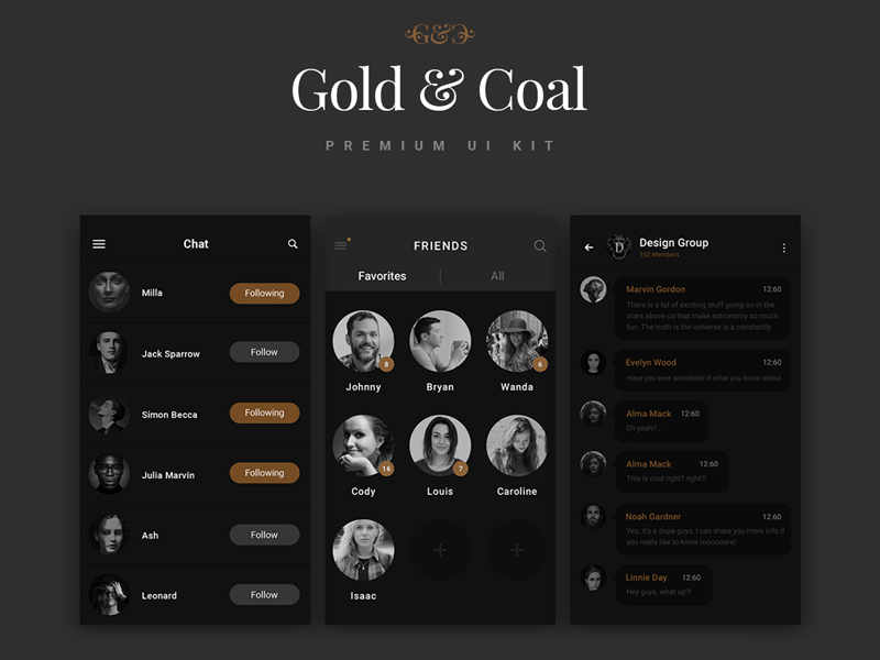 即时聊天工具应用界面 UI 套件 Chat & Messages – Gold & Coal UI Kit_img_3