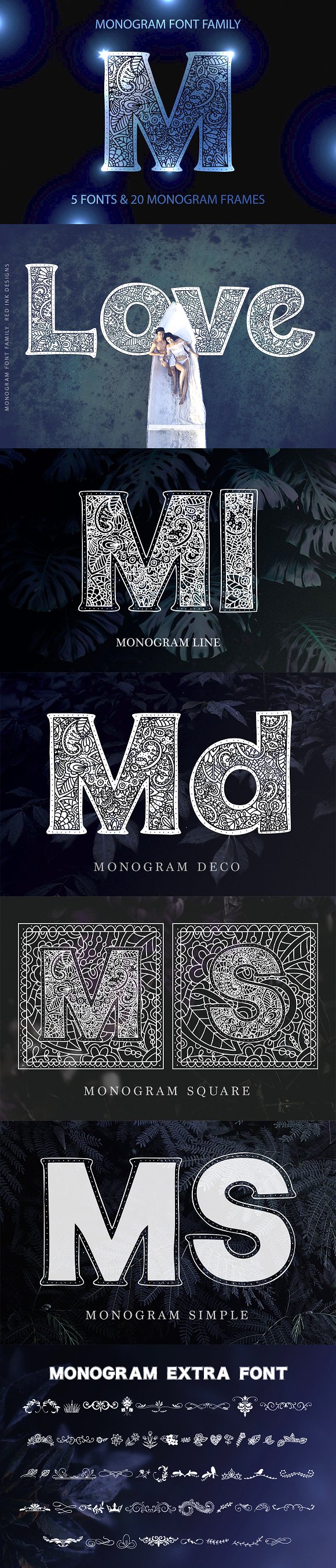 5款创意图案字体及20个同风格框架 20 Monogram 5 fonts 20 frames_img_3