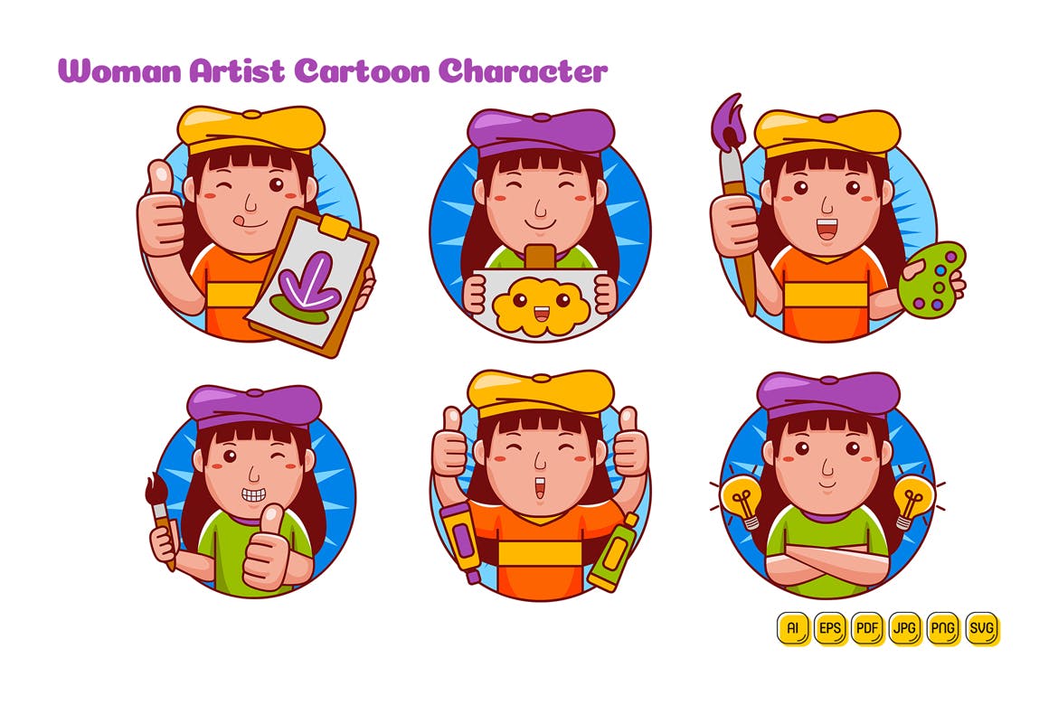 女艺术家卡通人物矢量插画 Woman Artist Cartoon Character Vector_img_1