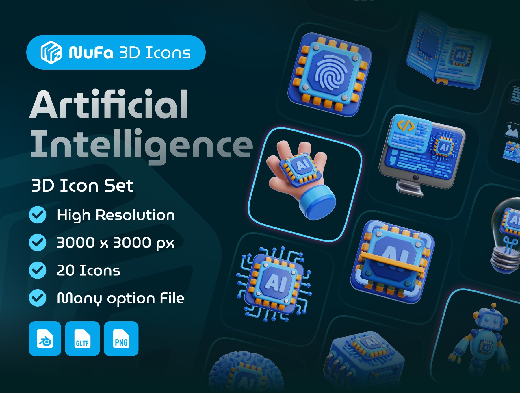 20个高品质AI人工智能聊天3D图标/BLEND图标 3D Artificial Intelligence Icon Set_faFaMX