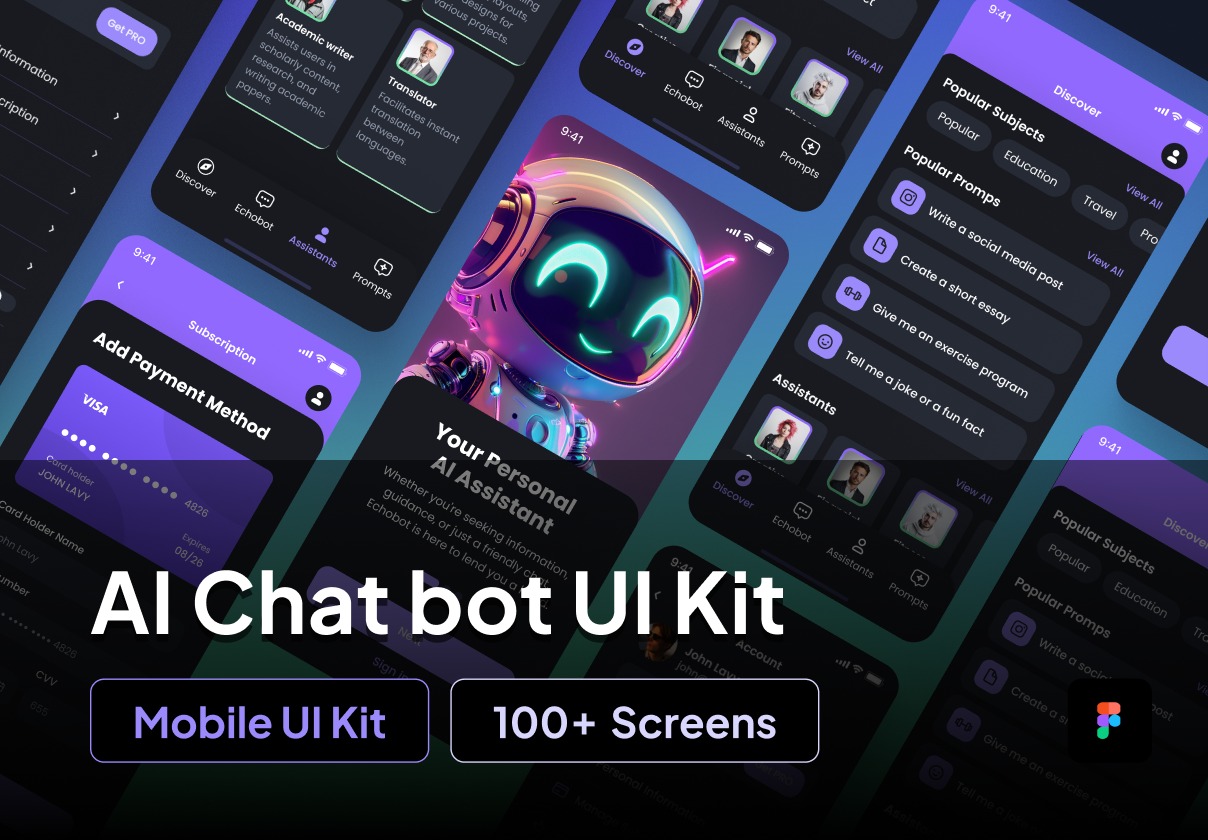 150+屏支持明暗模式AI智能聊天机器人Figma模板 UI KIT - Mobile AI Chat bot_CkJZZT