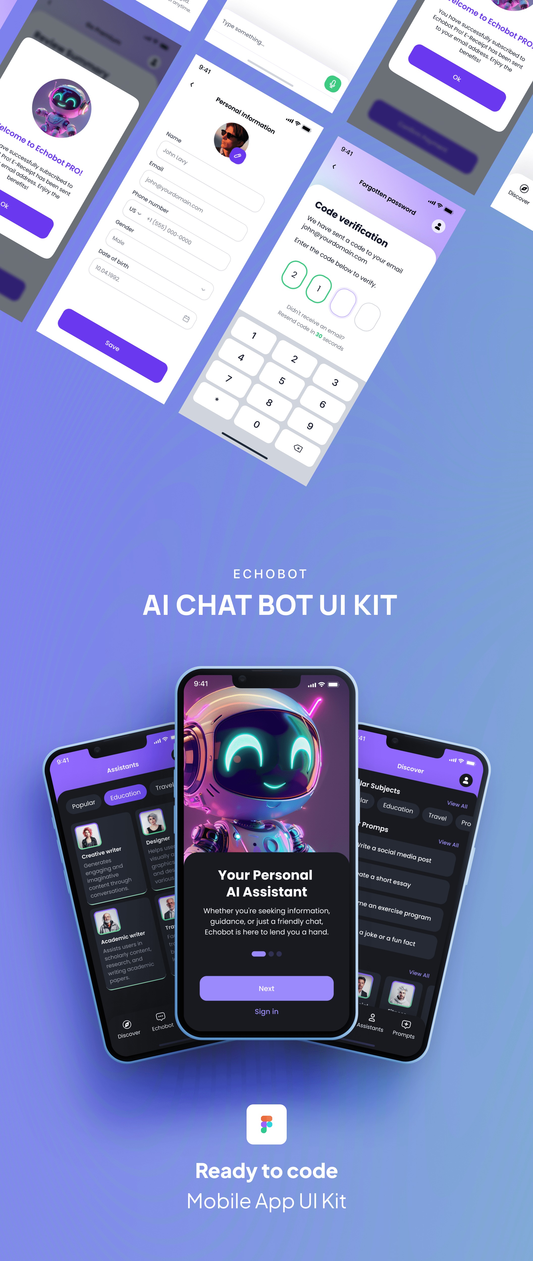 150+屏支持明暗模式AI智能聊天机器人Figma模板 UI KIT - Mobile AI Chat bot_tDVMGF