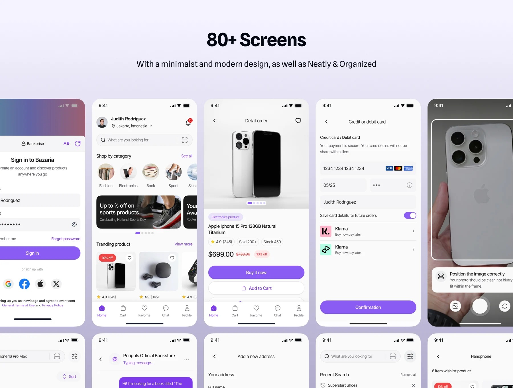 80+屏 现代时尚电子商务在线商城电子商城APP UI套件Bazaria - E-Commerce Mobile App UI Kit_tGZKEB