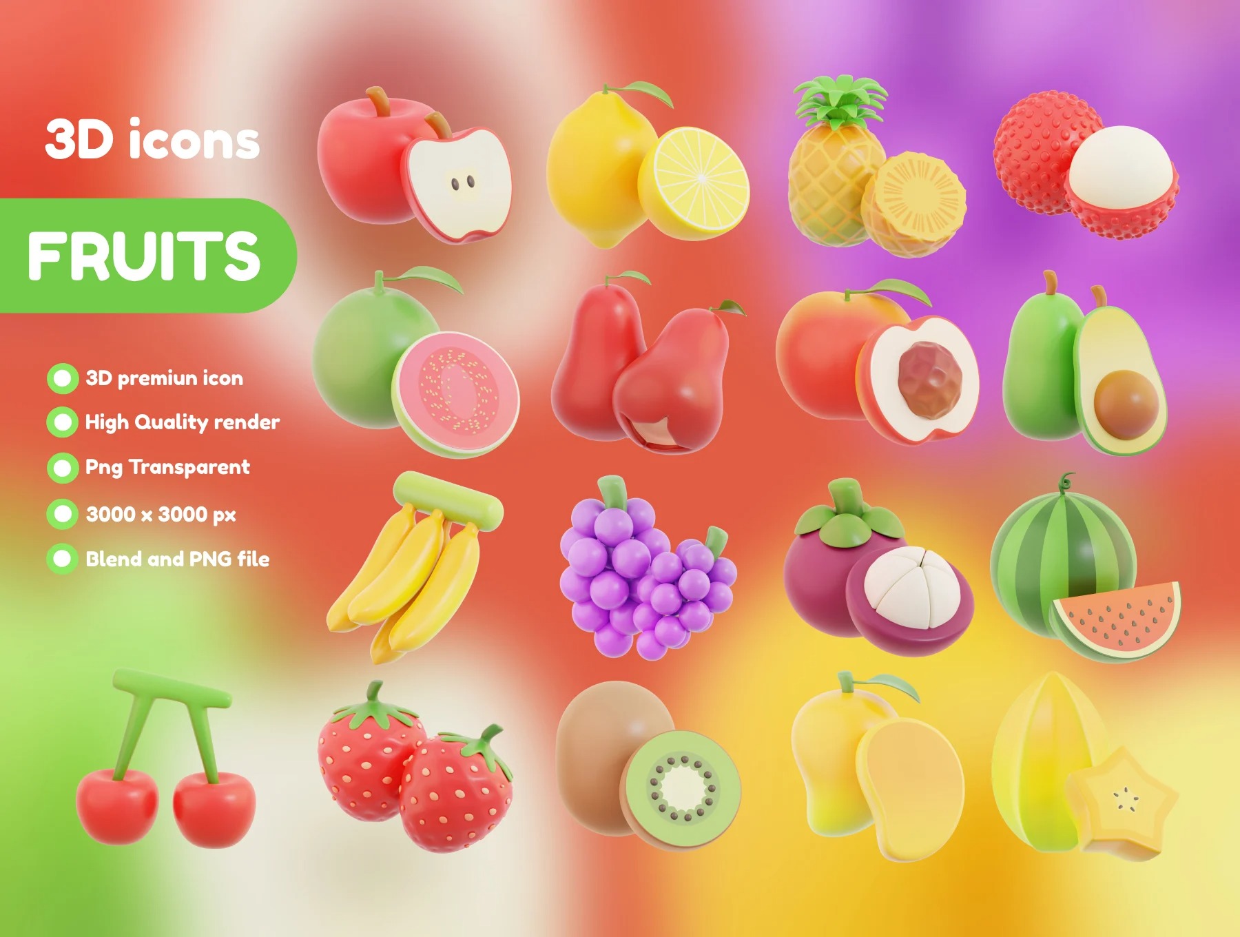 25款高分辨率半逼真3D水果图标 Fruits 3D Icons_hV50s0