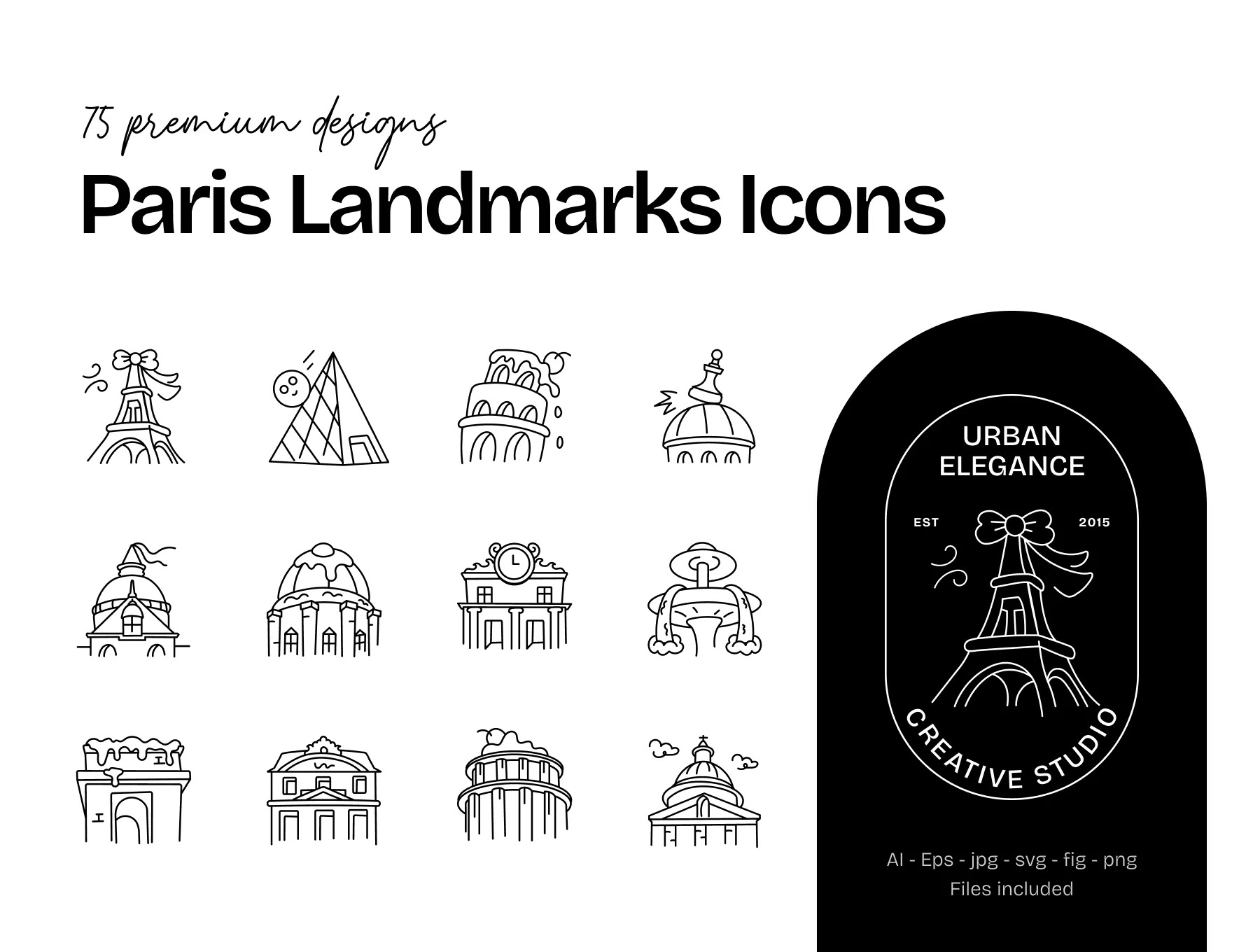 多款涂鸦艺术巴黎地标建筑手绘图标矢量插图素材包 Paris Landmark Icon Set_pYrIqF