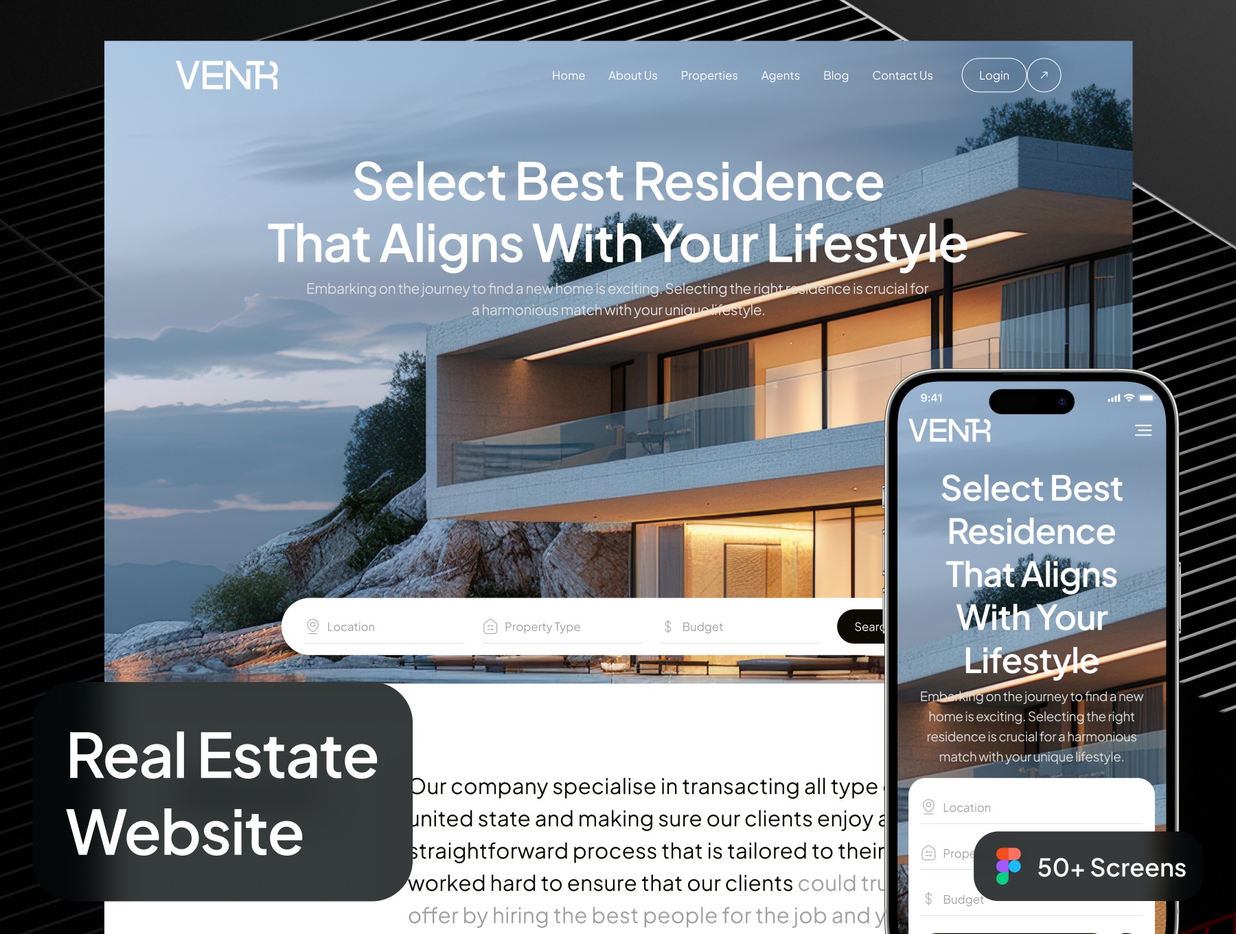 50+屏现代房地产房产中介平台响应式网站UI套件 Ventr - Real Estate Website UI Kit_ewhzFO