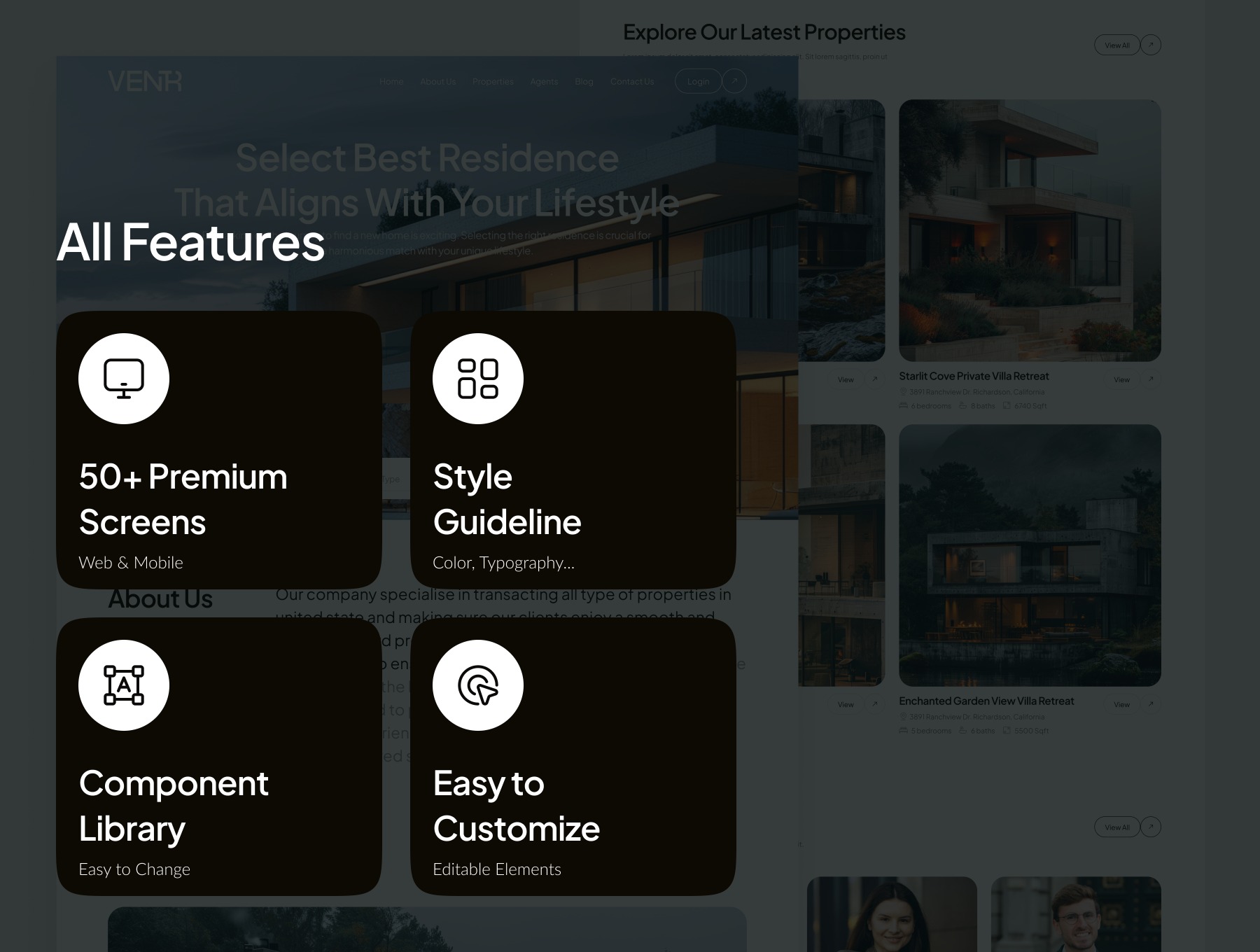 50+屏现代房地产房产中介平台响应式网站UI套件 Ventr - Real Estate Website UI Kit_ipKCvY
