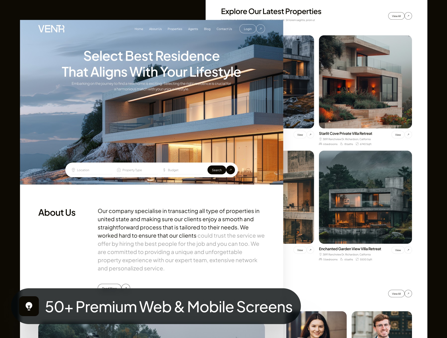 50+屏现代房地产房产中介平台响应式网站UI套件 Ventr - Real Estate Website UI Kit_LKhIOk
