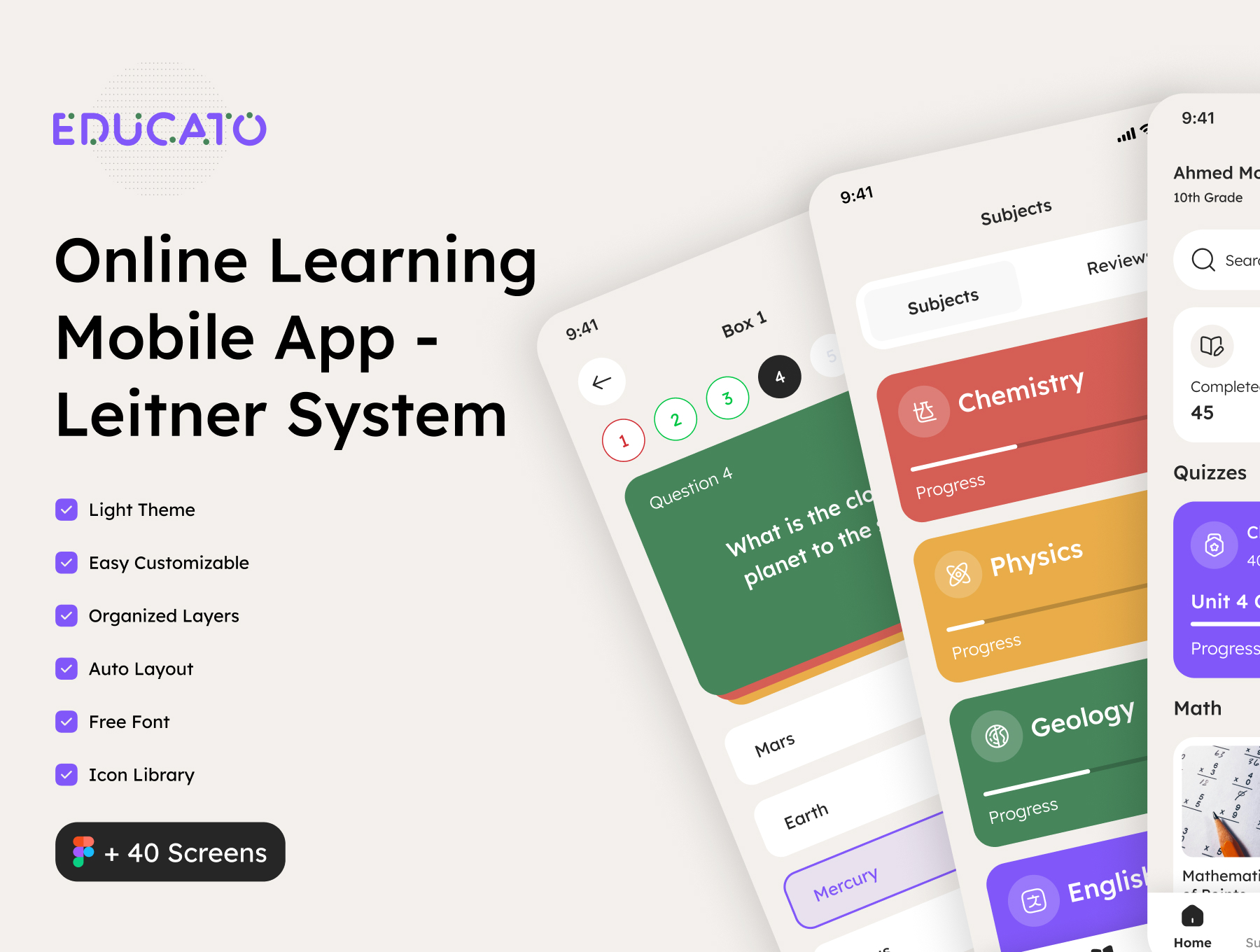 40+屏 精美浅色系在线教育学习平台在线课程学习应用APP UI套件 Educato - Education App (Leitner System)_img_1