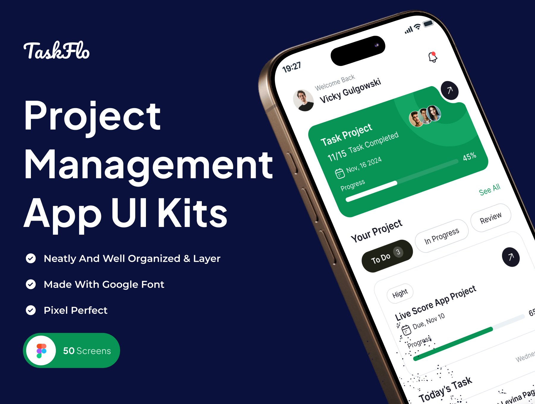 50+屏高级简约项目任务进度管理提醒应用UI套件 TaskFlo - Project Management App UI Kits_img_1