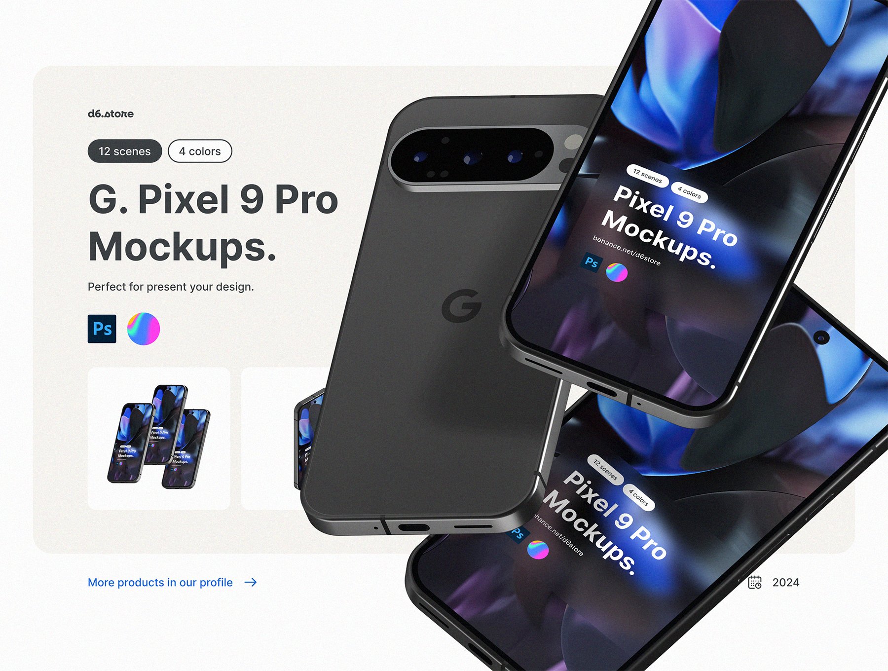 12款4色逼真多场景多角度免扣图Google Pixel 9 Pro 手机Android手机样机PSD模板 Google Pixel 9 Pro  Mockups_img_1