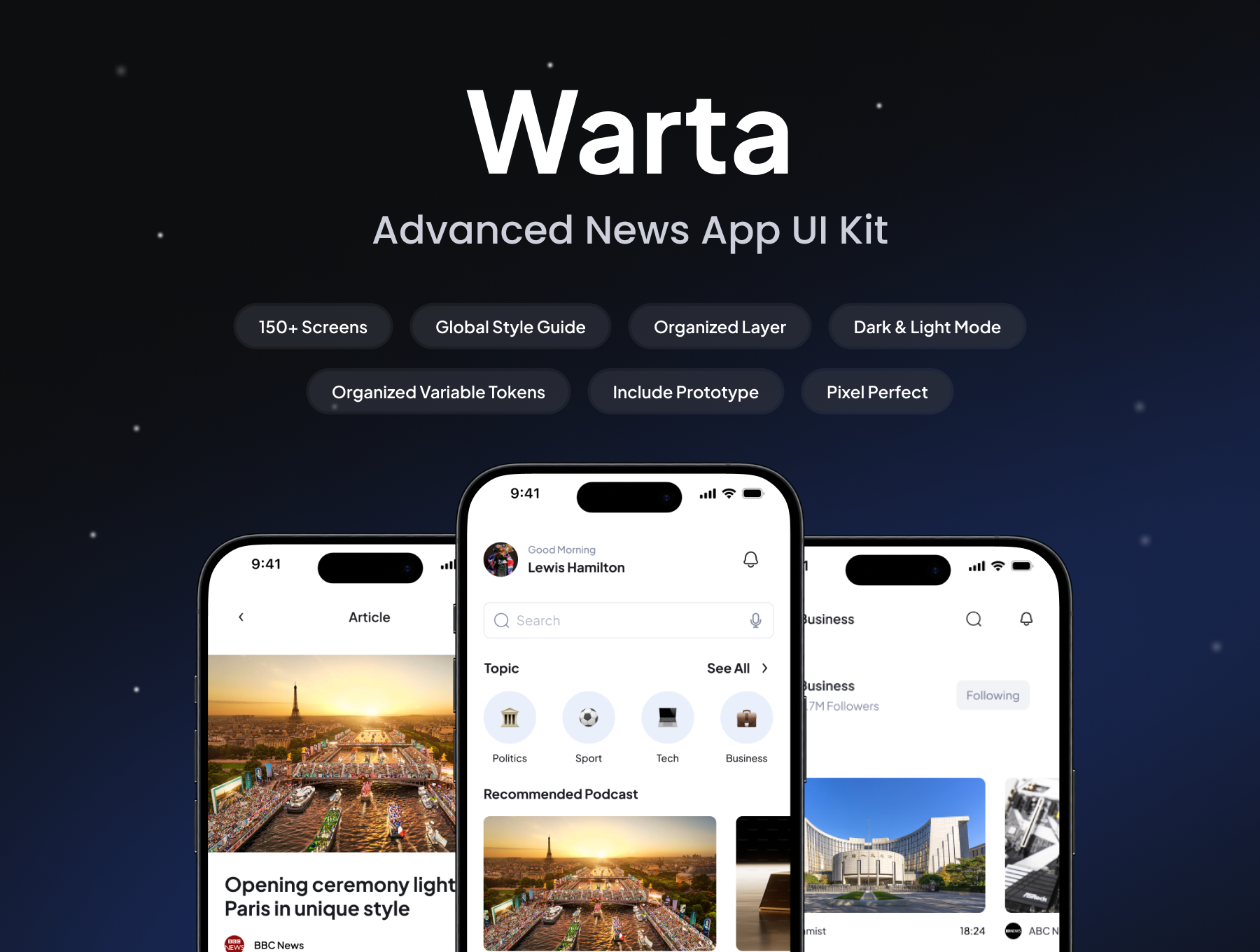 160+屏现代简约明暗模式新闻体育商业博客移动应用UI套件  Warta - News App UI Kit_img_1