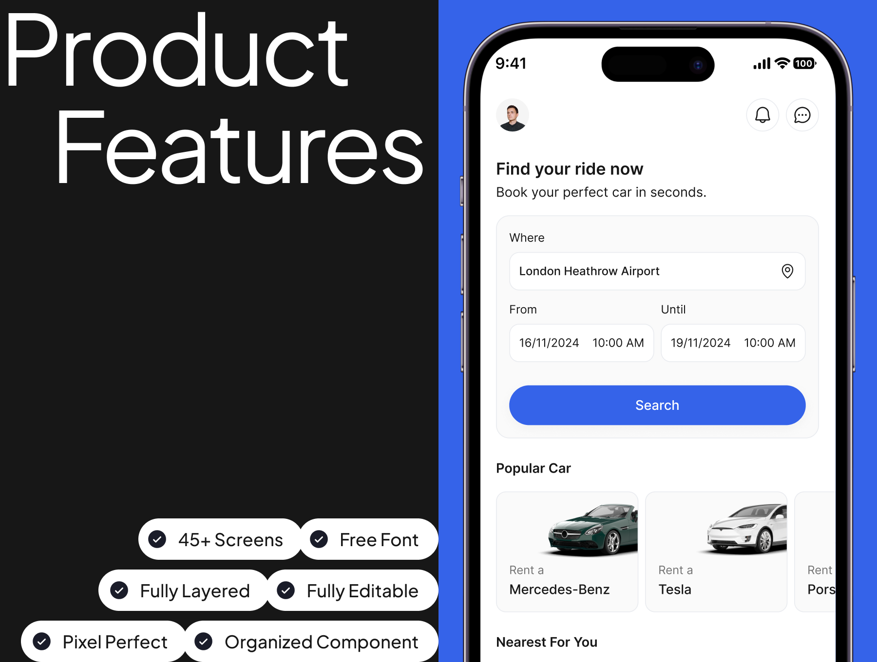 45+屏高级简约汽车租赁在线租车应用UI套件 Car Rent App UI Kit_WIsHDF