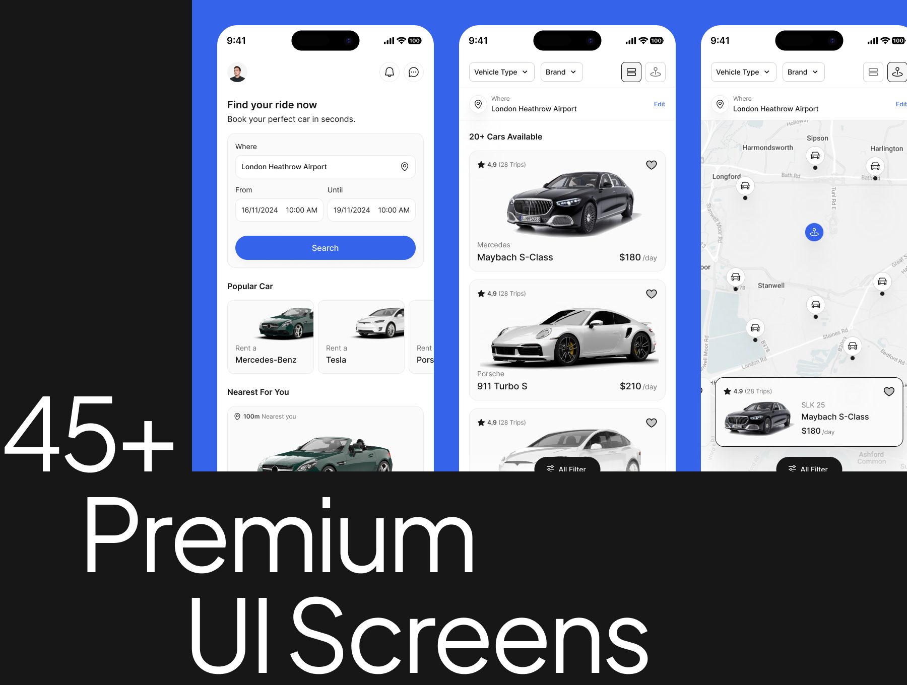 45+屏高级简约汽车租赁在线租车应用UI套件 Car Rent App UI Kit_2W3lLX