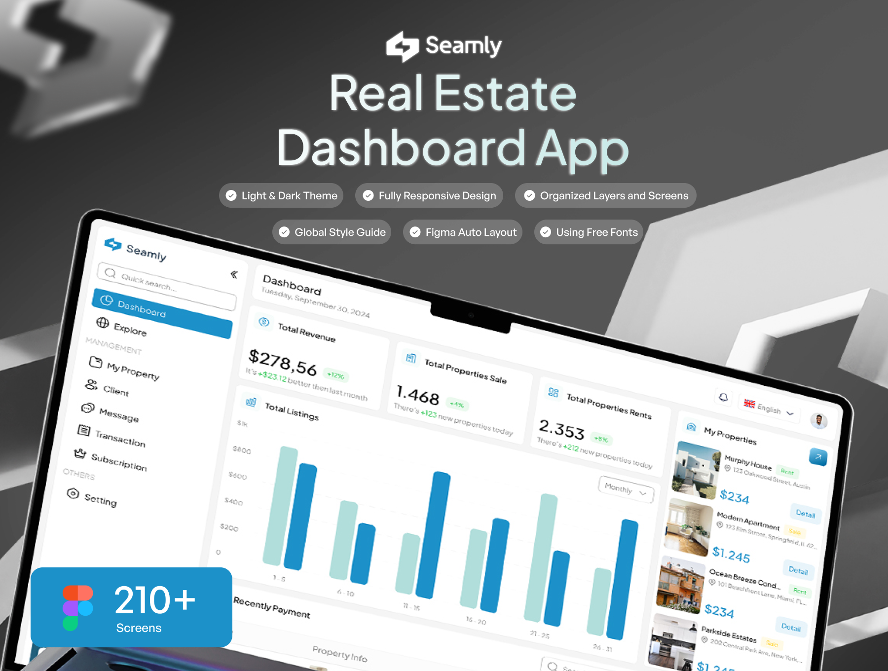 210+ 屏房地产物业地产中介代理客户关系管理后台UI WEB套件Seamly - Real Estate Dashboard UI Kit_img_1