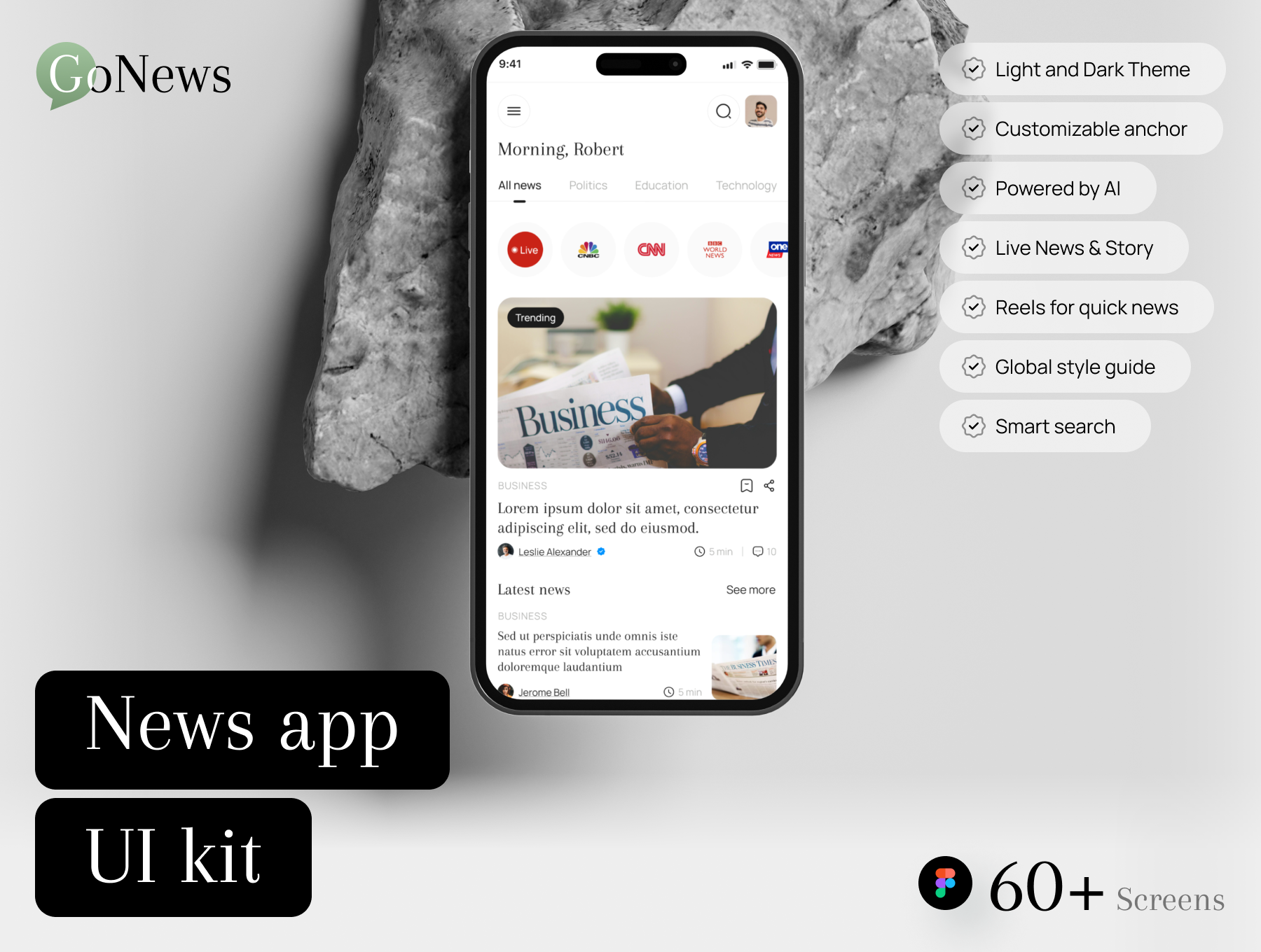 60+屏 AI驱动实时新闻社会新闻博客新闻移动应用UI套件  Gonews UI Kit: The Future of AI-Powered News Apps_img_1