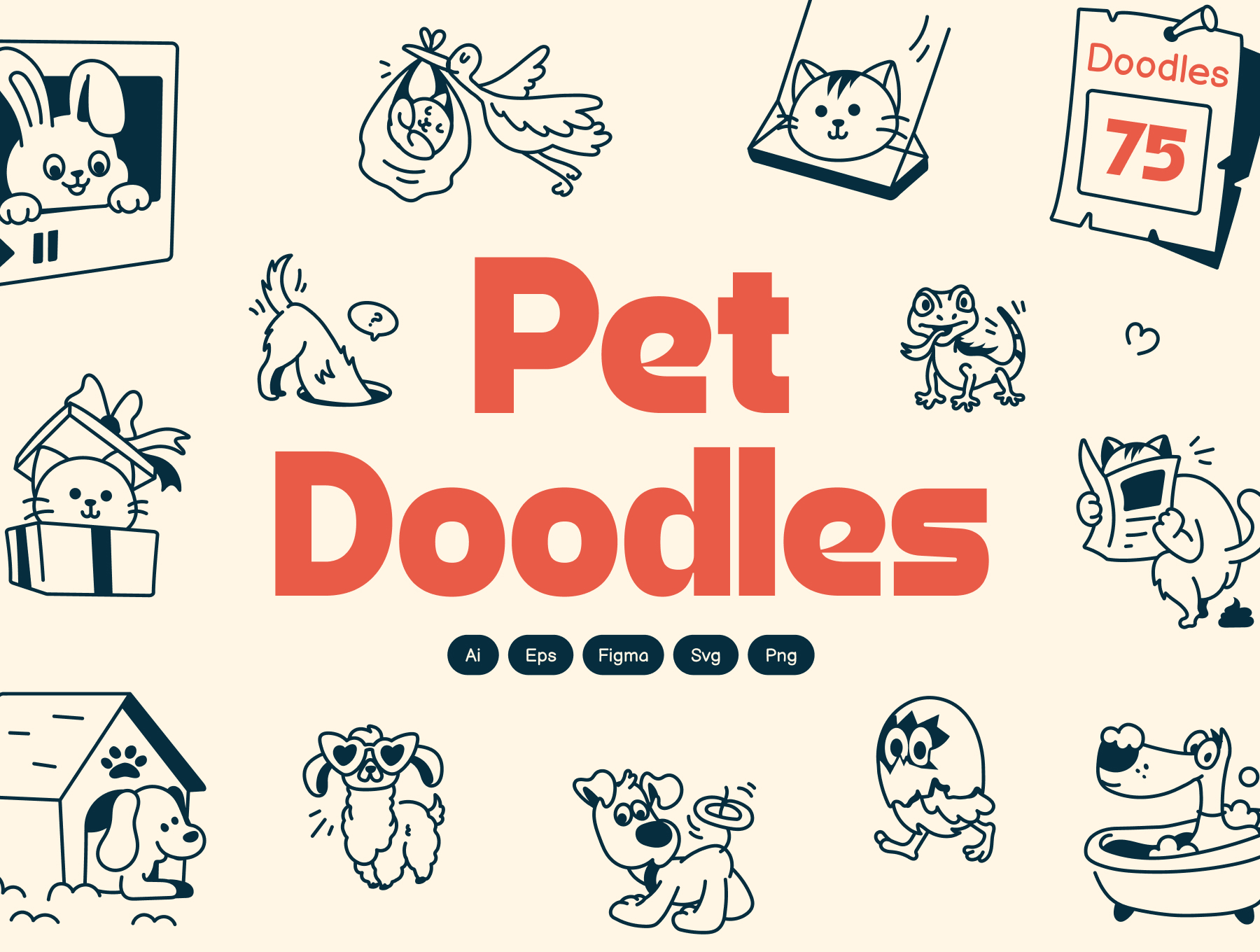  多款创意宠物小狗小兔小鸭小兔手绘涂鸦矢量插图与图标 Pet Doodle Icons_img_1