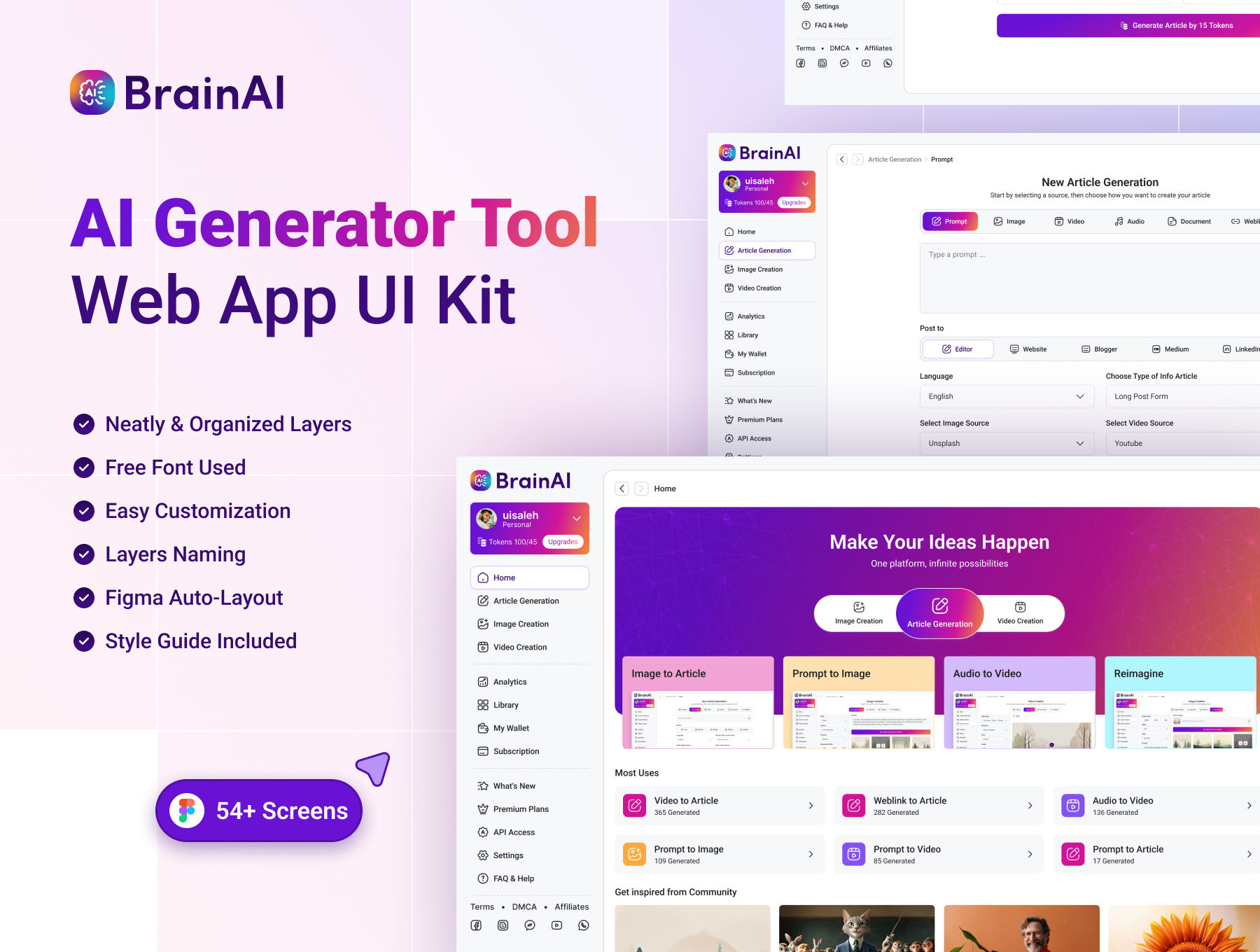 54+屏人工智能文生图视频生成订阅智能仪表盘UI套件  AI Generator Tool Web App UI Kit_ZiPyoi