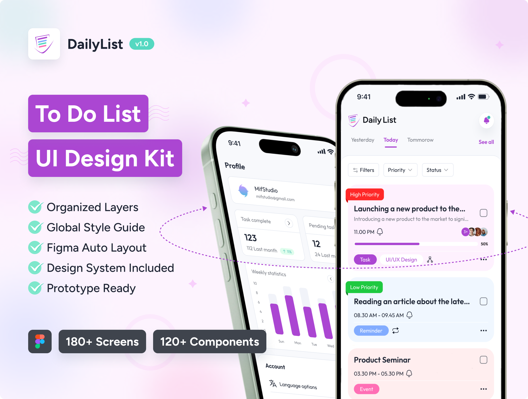 180+屏简约任务管理日程管理待办事项应用程序UI套件 DailyList - To-Do List App UI Kit_img_1