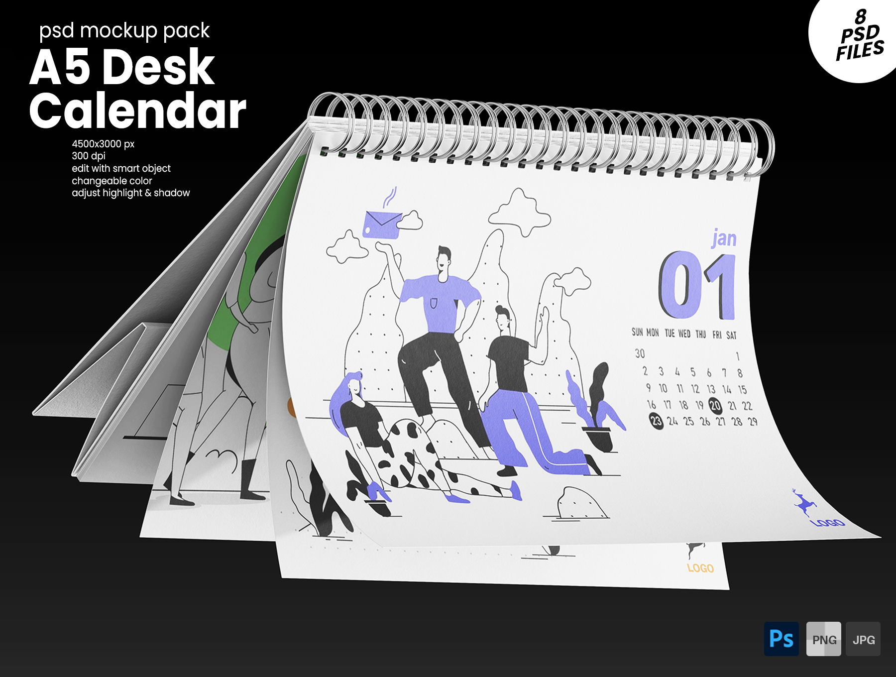 8款超逼真A5横向台历日历笔记本样机模型 A5 Landscape Desk Calendar PSD Mockup Set_d7Hm3q