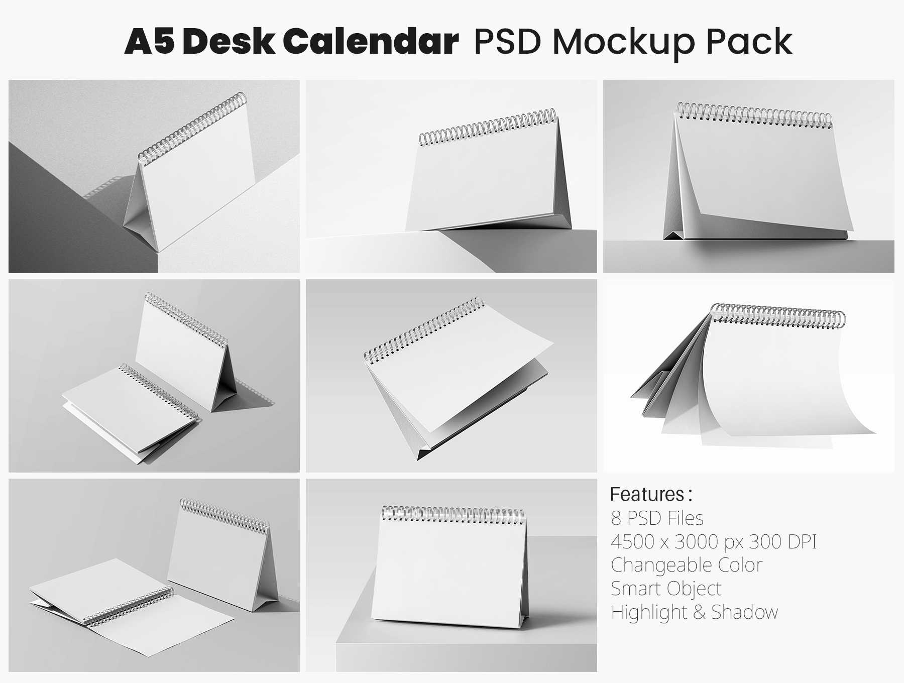 8款超逼真A5横向台历日历笔记本样机模型 A5 Landscape Desk Calendar PSD Mockup Set_mECdrH