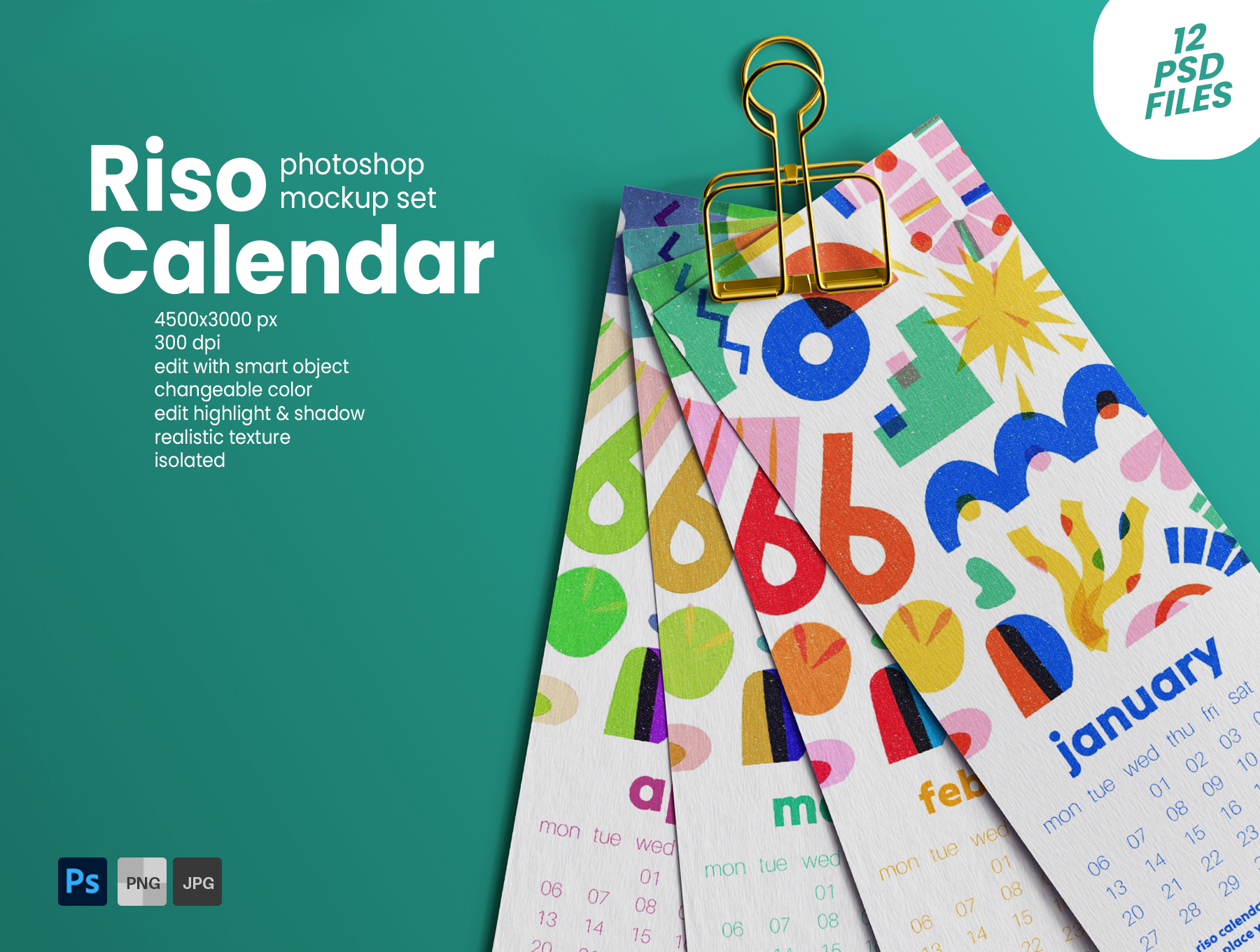 12款现代逼真日历多角度台历挂历PSD样机 Risograph Print Paper Calendar PSD Mockup Set_oPavGz