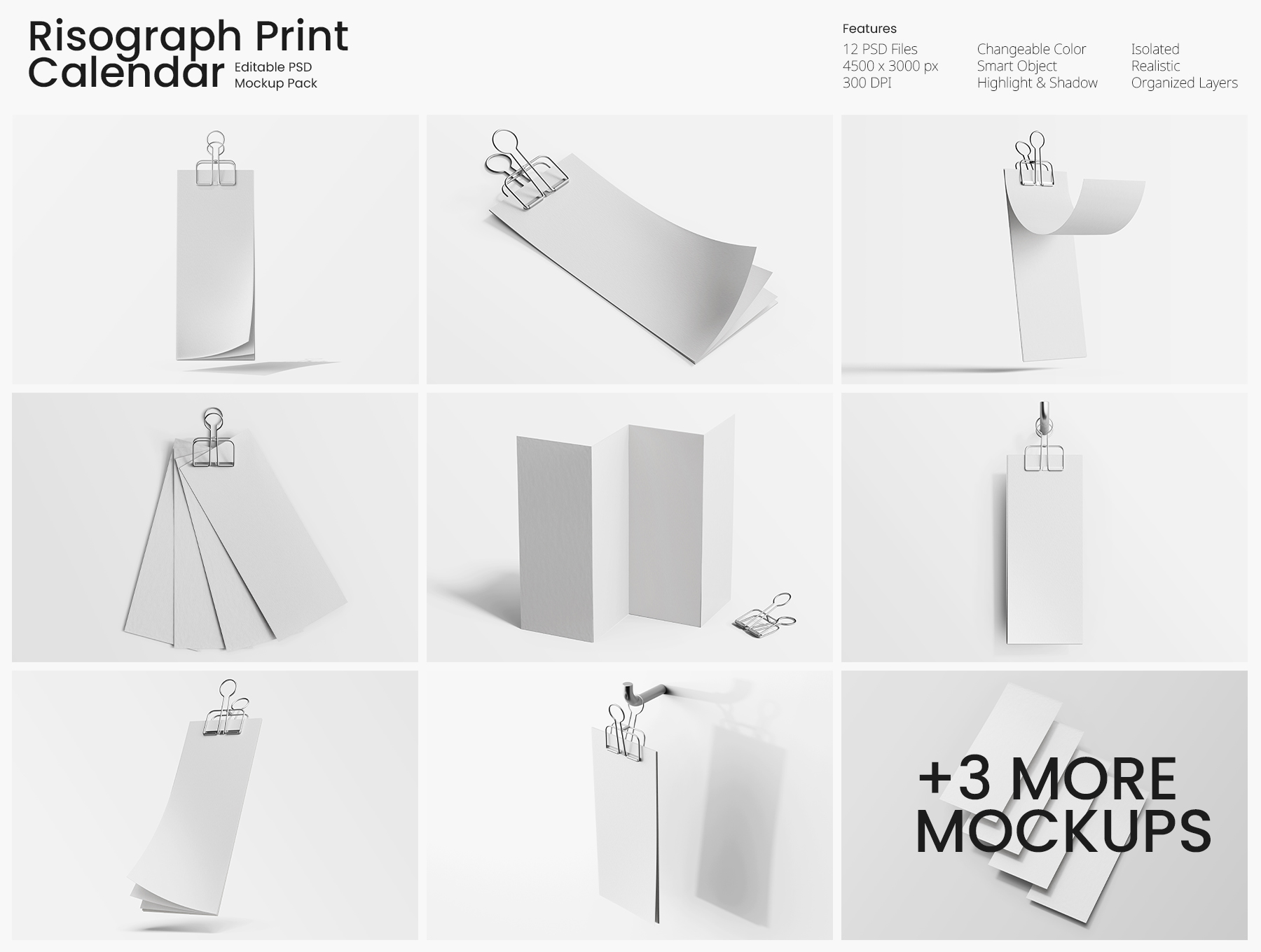 12款现代逼真日历多角度台历挂历PSD样机 Risograph Print Paper Calendar PSD Mockup Set_RHQ7WA