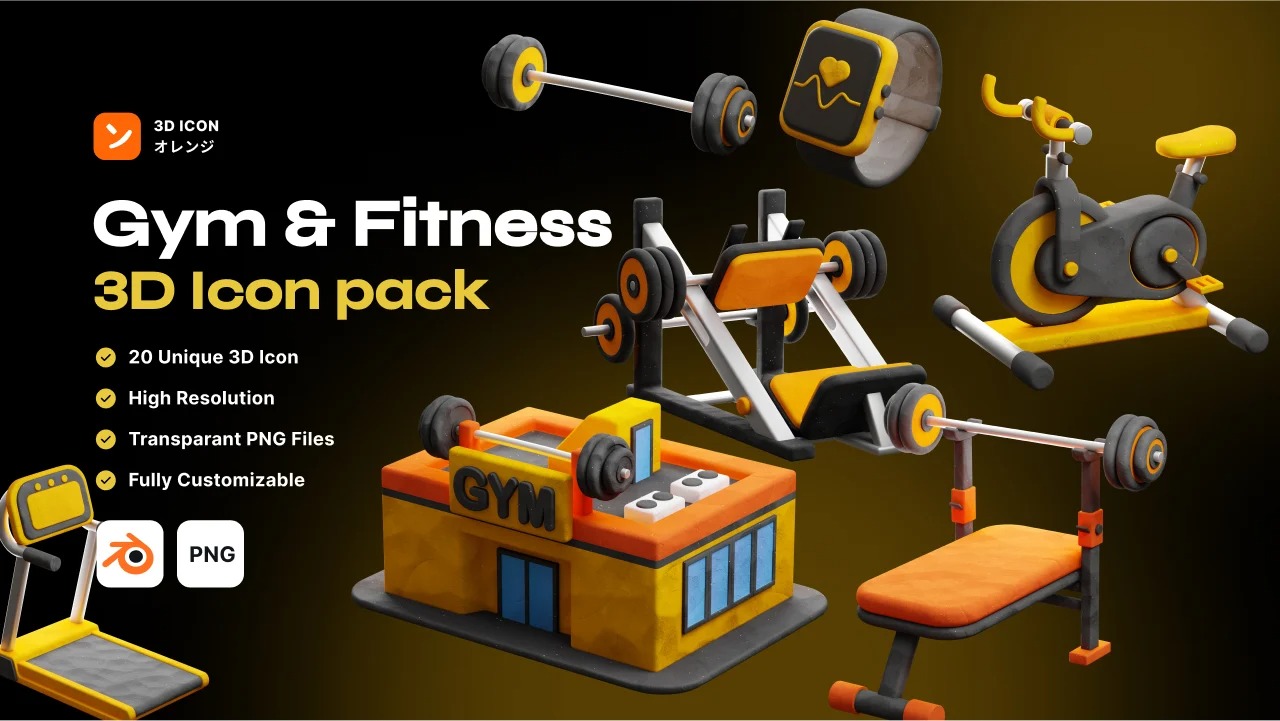 20款健身房锻炼器材运动器械3D图标 Gym and Fitness 3D Icon pack_EnOZVg