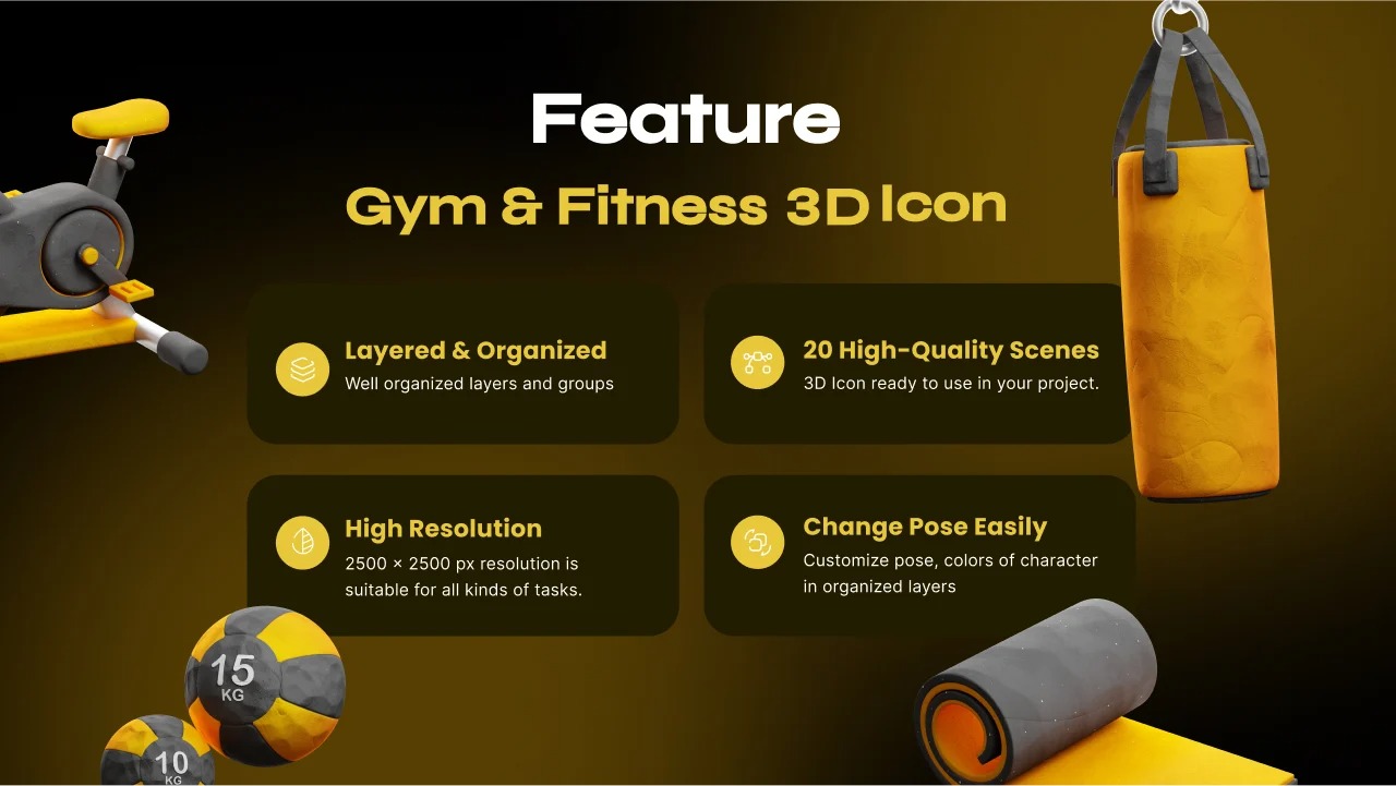 20款健身房锻炼器材运动器械3D图标 Gym and Fitness 3D Icon pack_EbYDLA