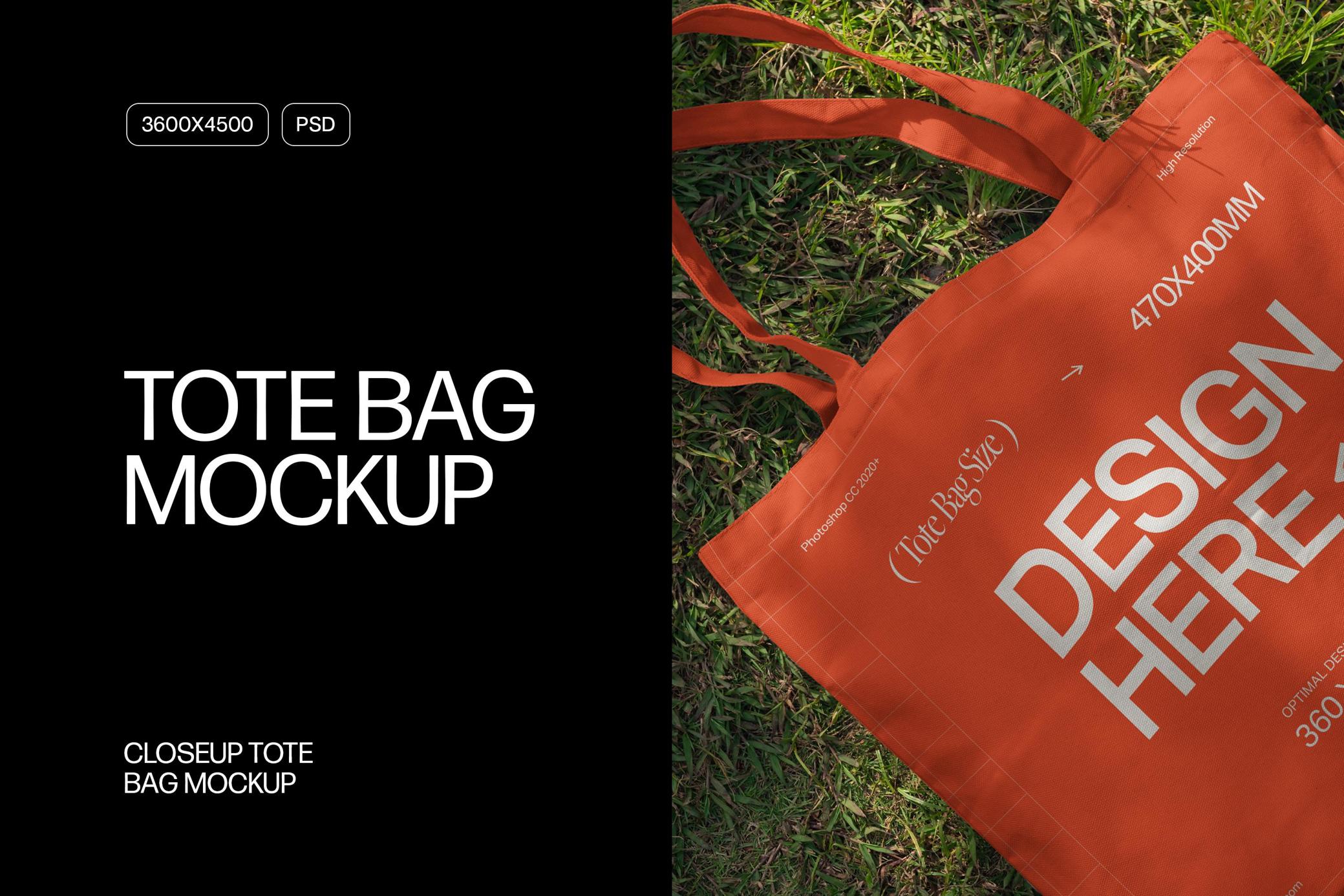  逼真户外草地镜头特写细节帆布袋手提袋样机模型 Closeup Tote Bag Mockup_28Z7c1