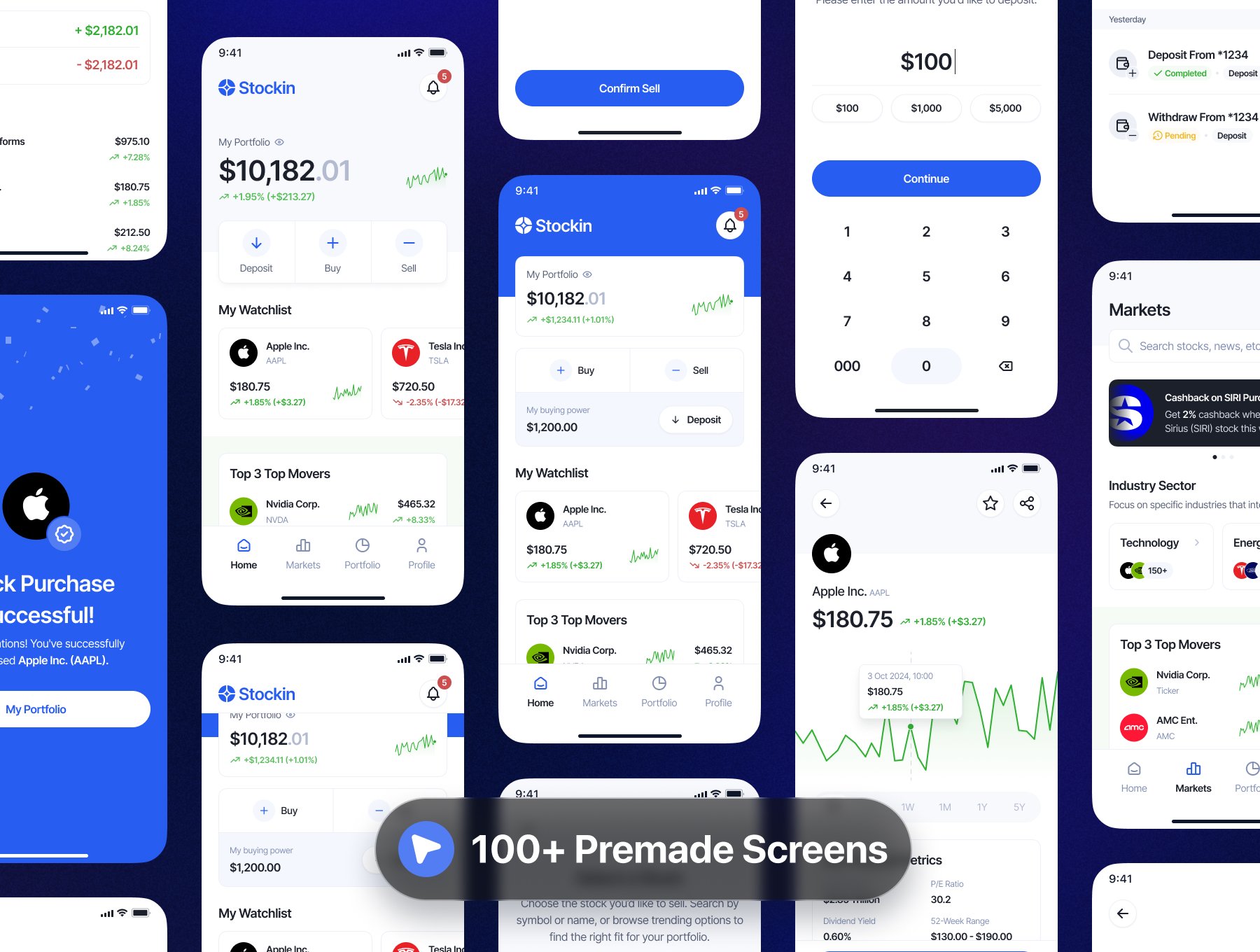 100+屏简约专业级双配色投资股票交易行情APP界面模板 Stockin: Stock & Investment App UI Kit_tYjVx5