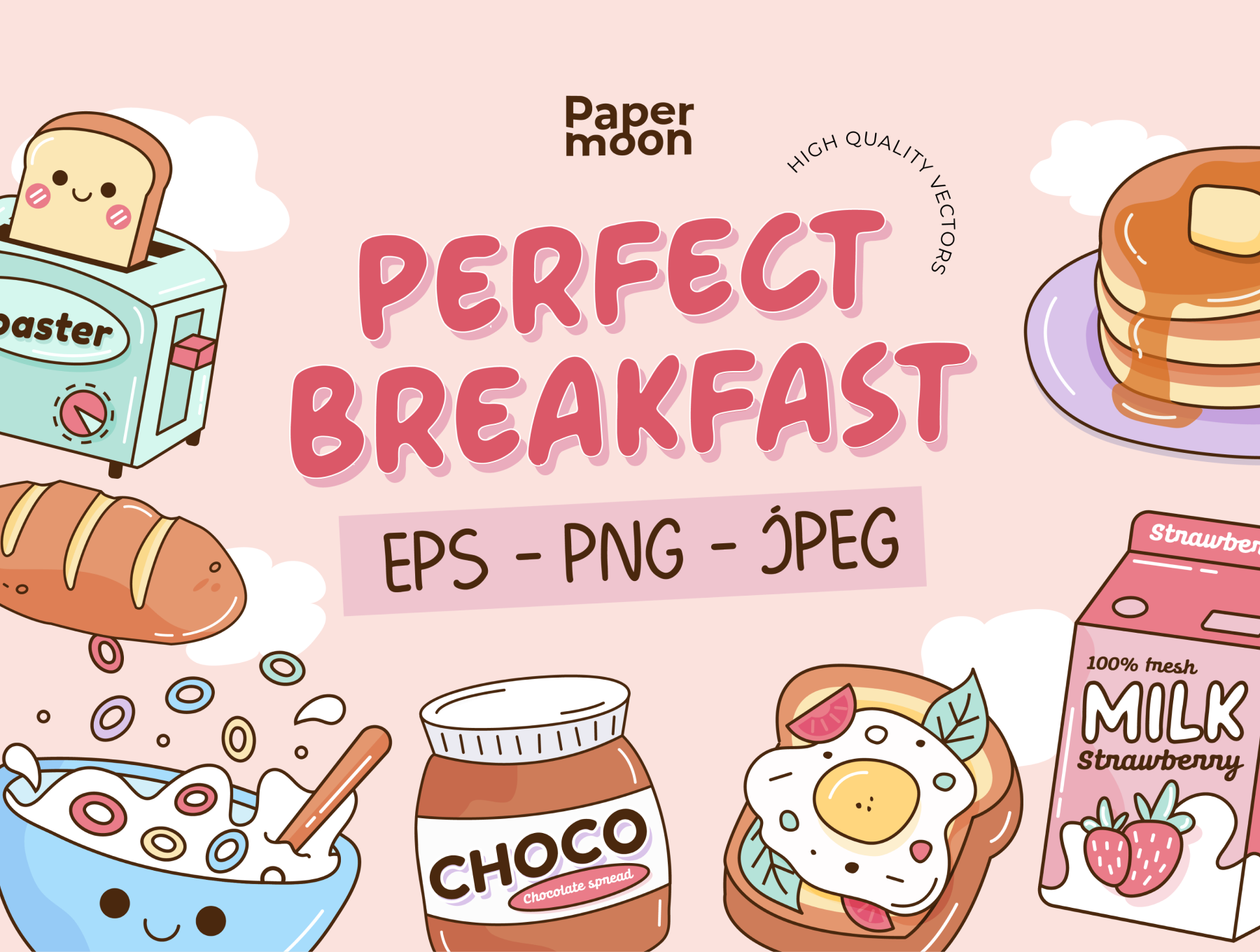 10款可爱卡通趣味早餐牛奶咖啡面包矢量插图素材 Perfect Breakfast Illustrations Set_8aO6X9