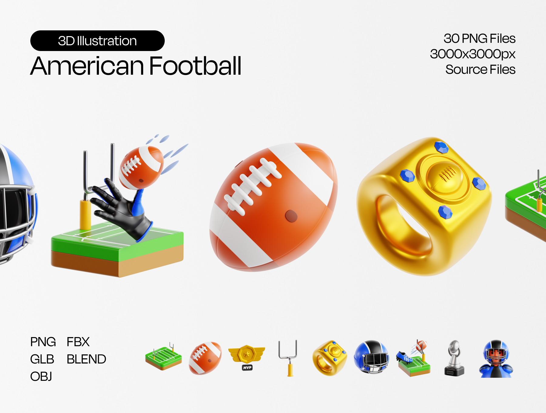 30个精美美国橄榄球主题透明图标素材 American Football Essential 3D Illustrations_BVmqa1