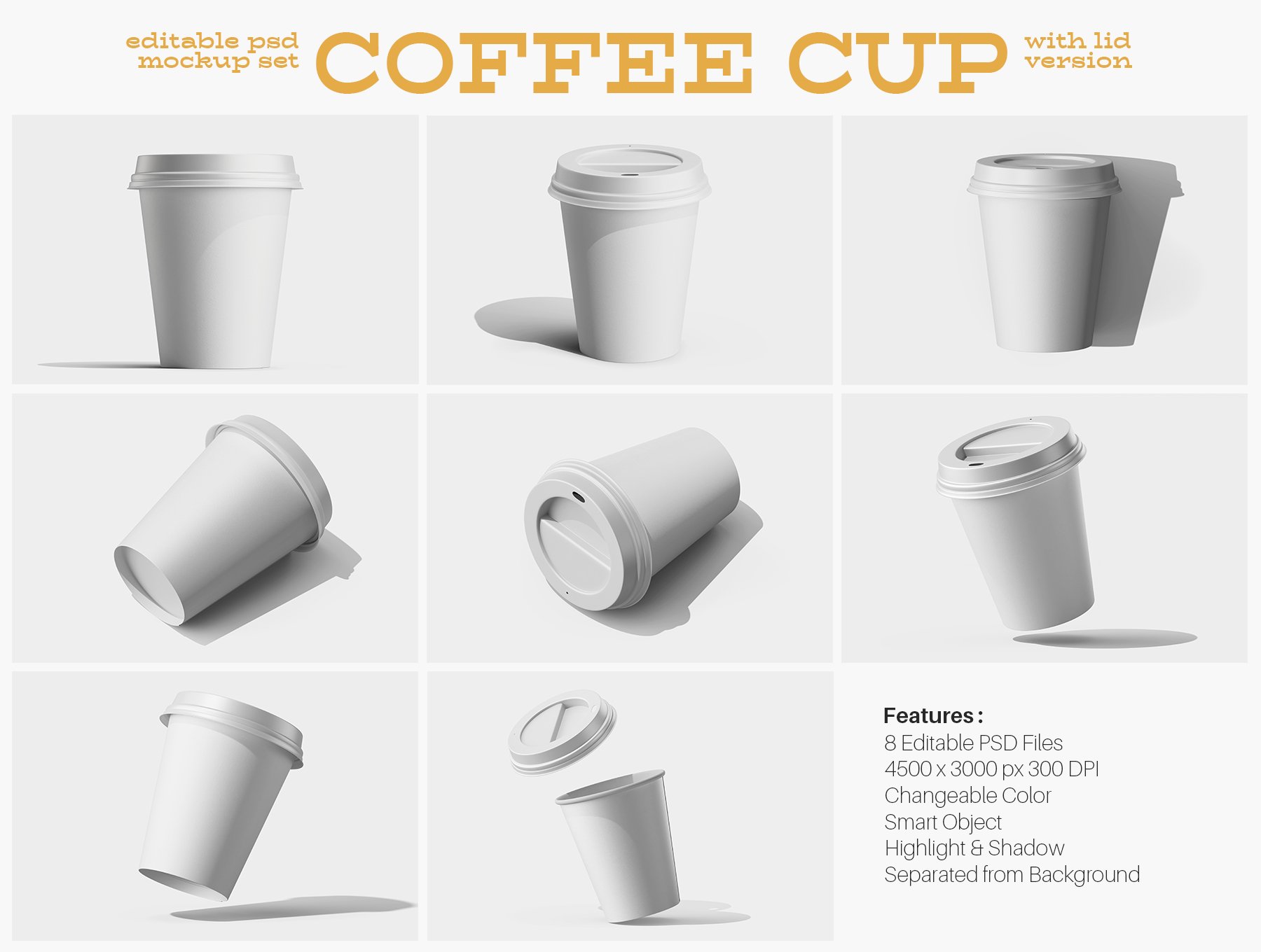 8款逼真纸咖啡纸杯塑料杯饮料杯PSD样机模型 Paper Drink Coffee Cup PSD Mockup Set_img_1