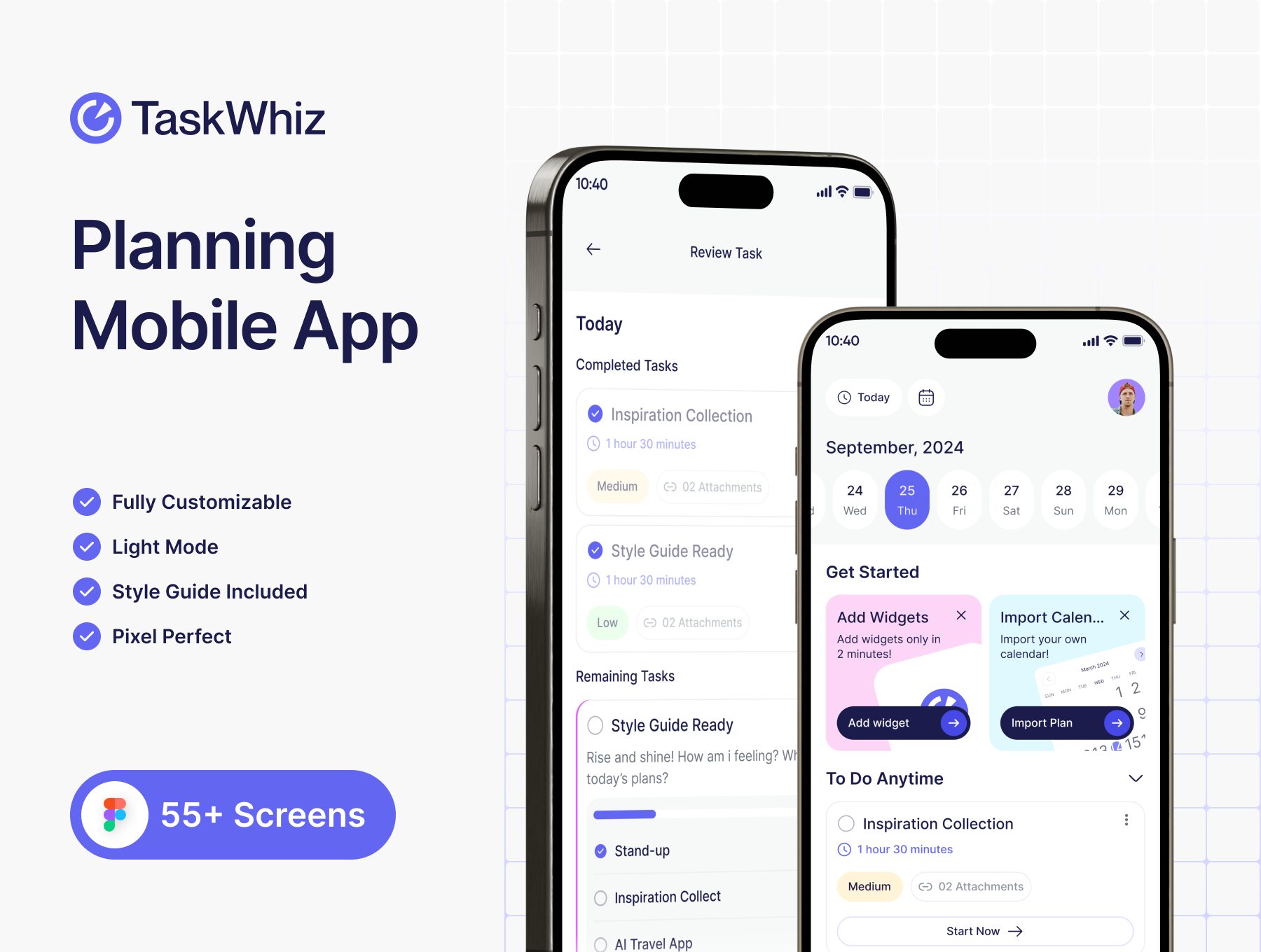 55+屏任务规划生产力工具日程安排时间管理社区QA应用UI套件 TaskWhiz Planning App UI Kit_bHbEY7