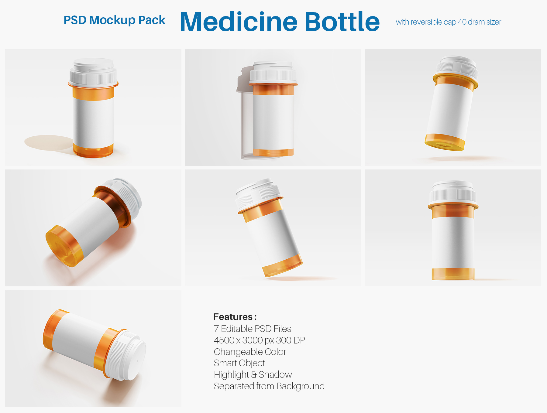 7个不同视角悬浮逼真塑料药品糖果瓶样机模型 Medicine Bottle with Reversible Cap PSD Mockup Set_xDBGq1